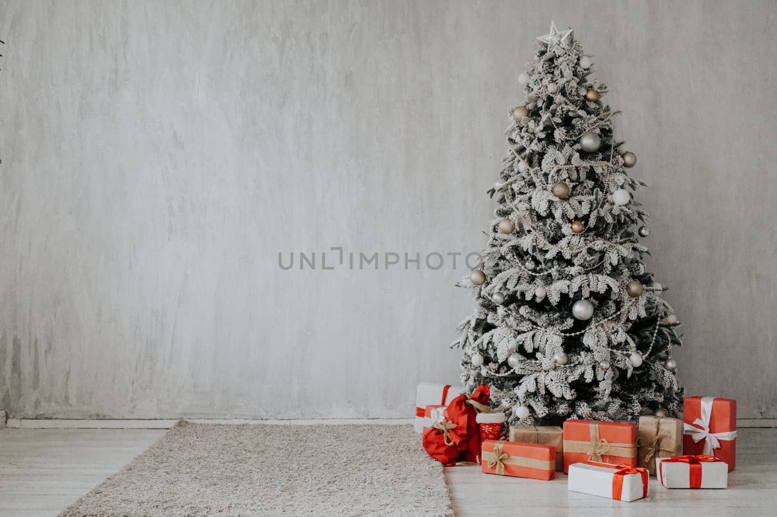 happy holidays Christmas new year tree gifts Interior white room