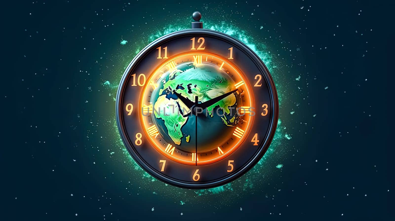 Earths time, Clock superimposed on the planet a visual reminder to care for nature and conserve electricity for a sustainable future