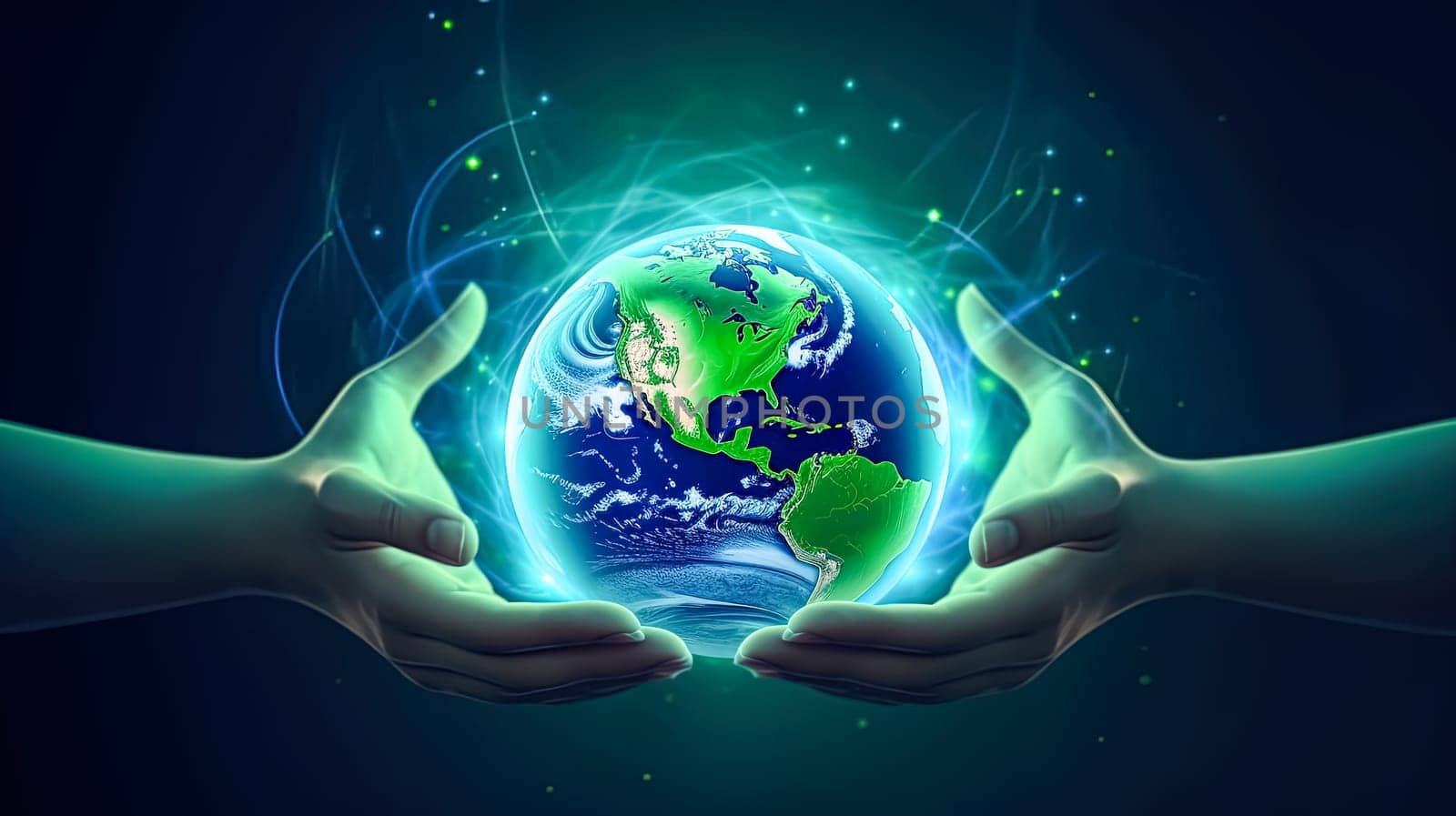 In caring hands, A man gently holds our planet a symbolic gesture urging responsible electricity use and nature conservation