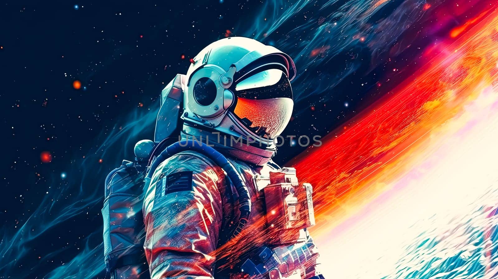 Exploring the unknown, an astronaut in a sleek spacesuit confidently strides through otherworldly terrain, with the mesmerizing expanse of space serving as his canvas.