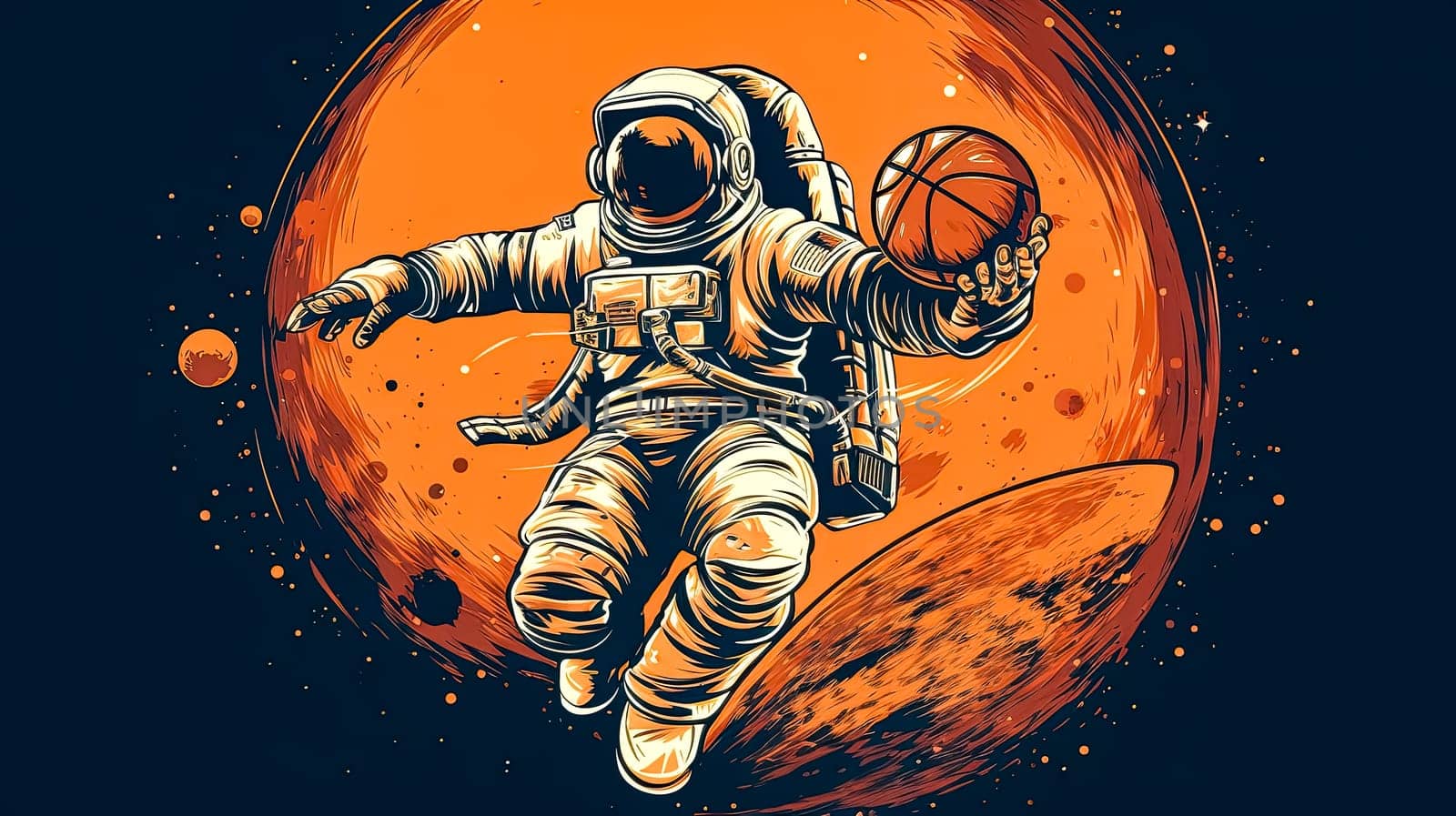 On the alien courts of Mars, an astronaut gracefully maneuvers a basketball, merging the beauty of space exploration with the elegance of the game
