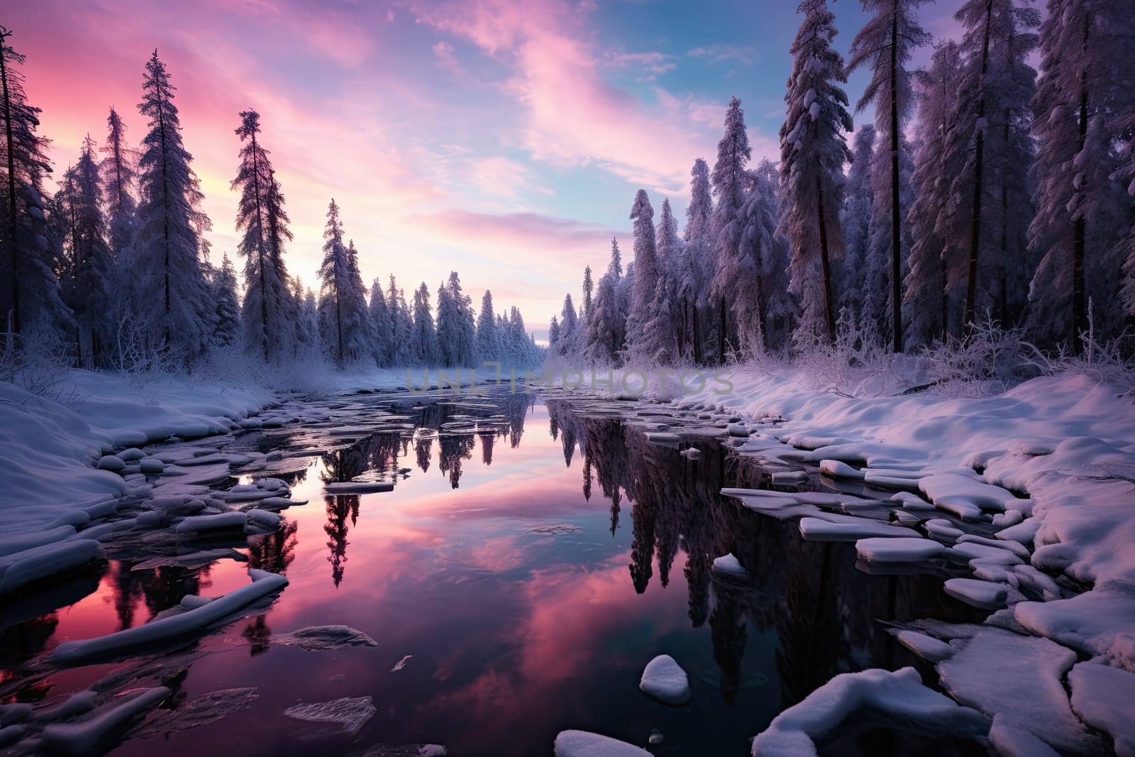 A Winter Wonderland: Majestic Trees, Glistening Snow, and Tranquil Waters