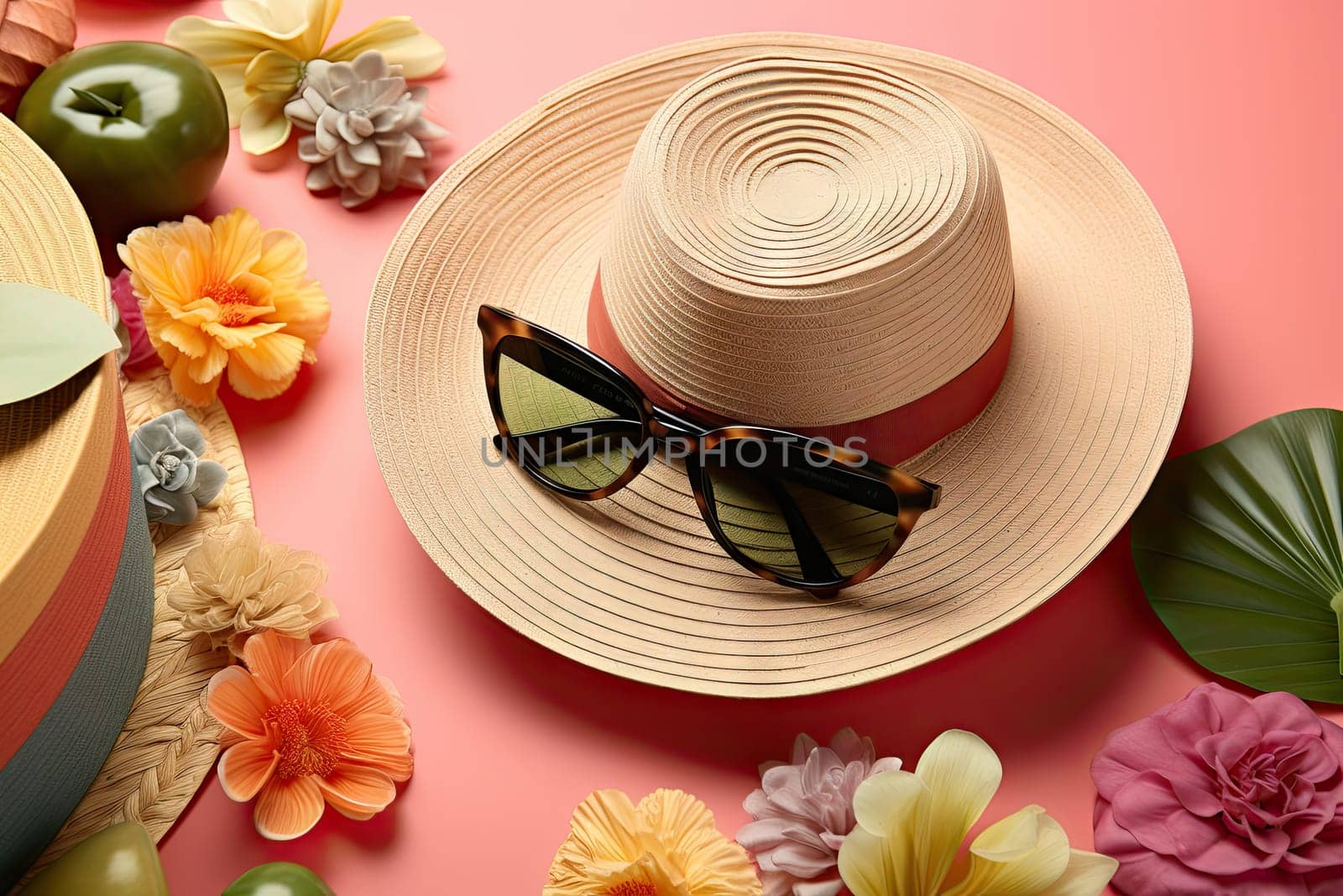 A hat, sunglasses and flowers on a pink background by golibtolibov