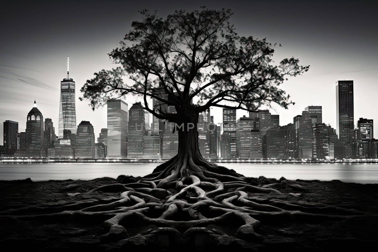 A Majestic Tree Silhouetted Against a Monochrome Cityscape at Sunset