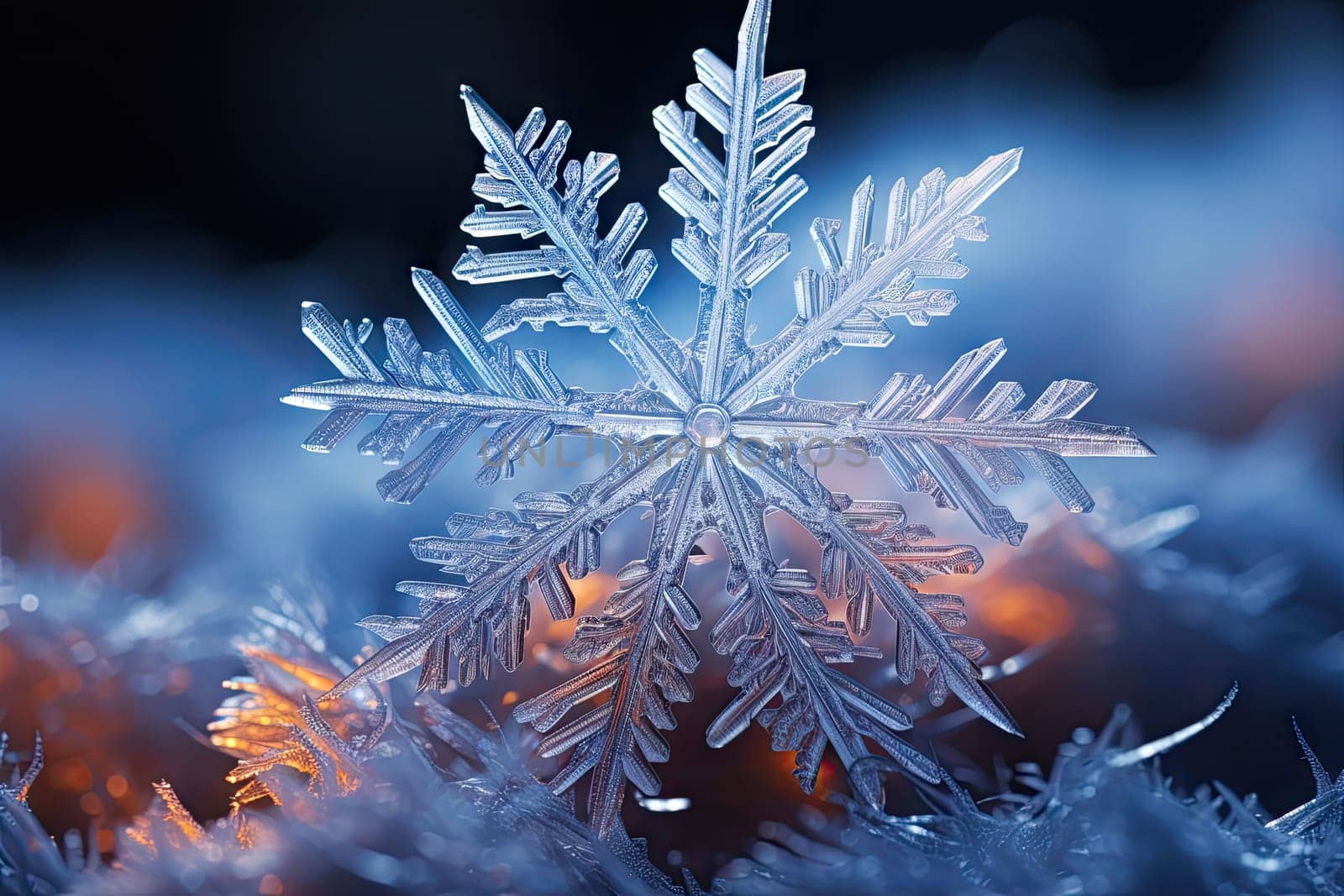 A close up of a snowflake on a dark background created with generative AI technology by golibtolibov
