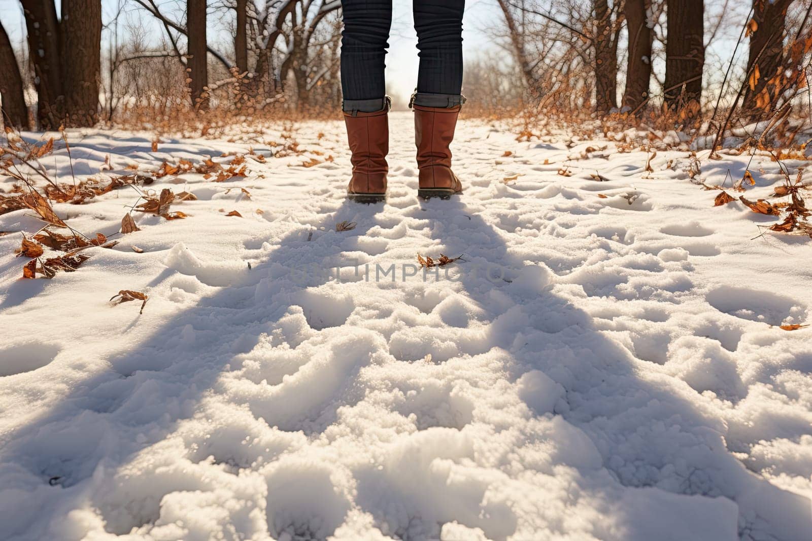 A person standing in the middle of a snow covered field created with generative AI technology by golibtolibov