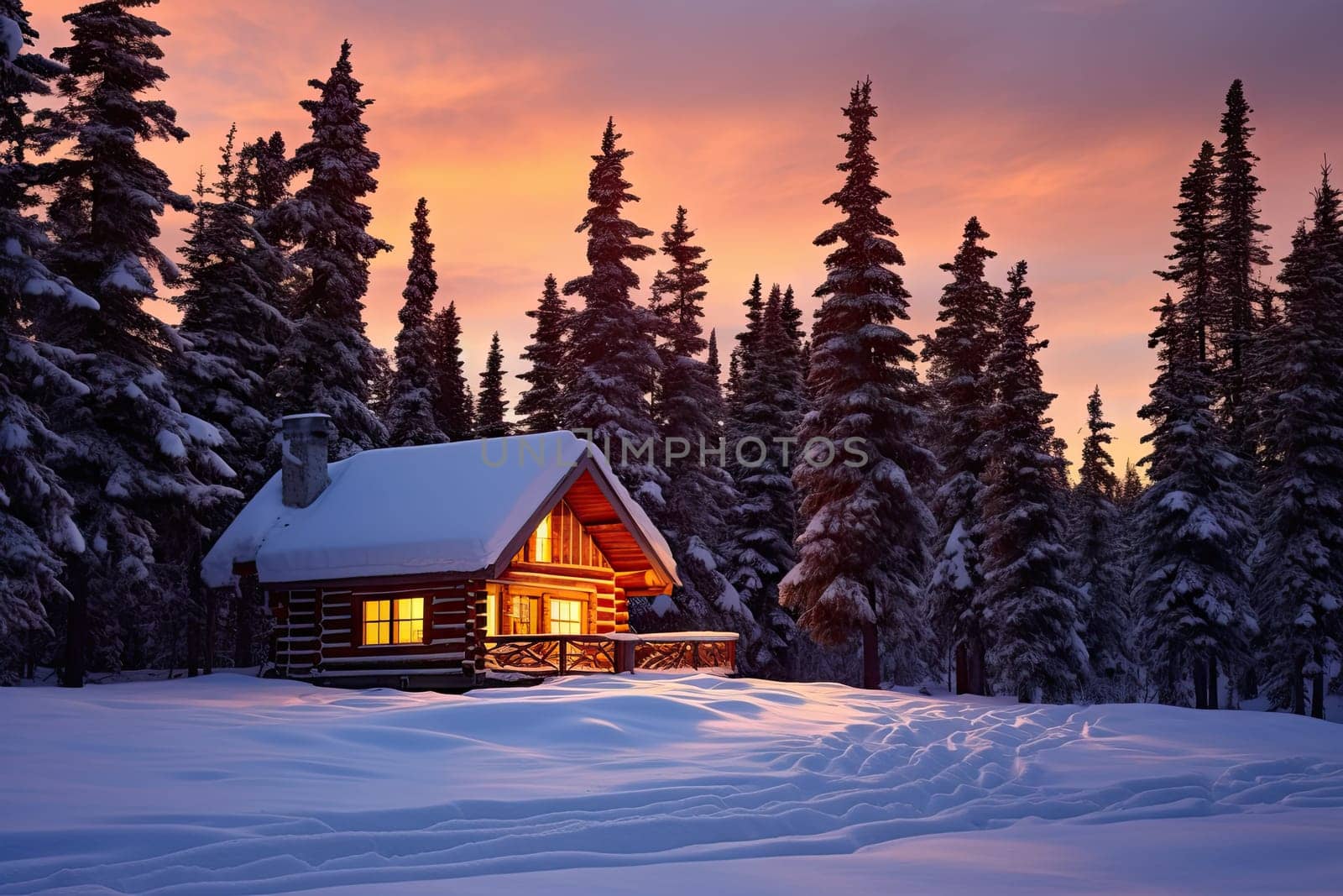 A cabin in the middle of a snowy forest by golibtolibov
