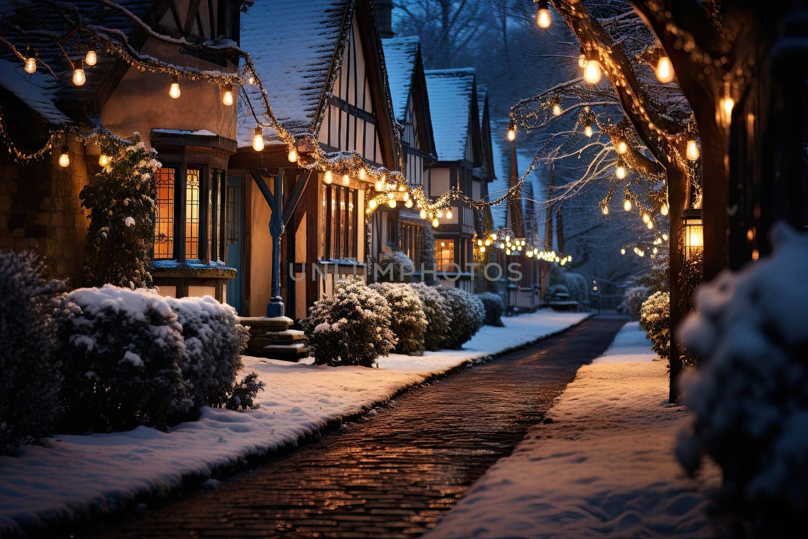 A snow covered street with christmas lights on it created with generative AI technology by golibtolibov