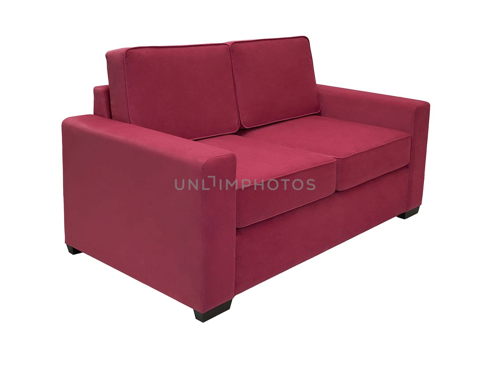 vintage crimson fabric sofa isolated on white background, side view. retro couch, furniture in minimal style, interior, home design