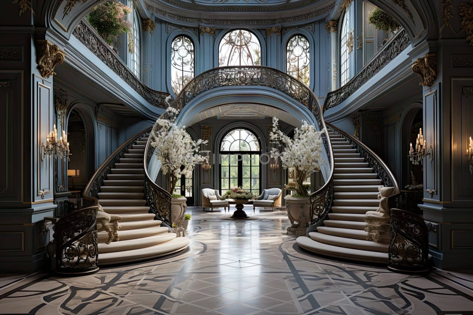 A large foyer with a staircase leading up to the second floor by golibtolibov
