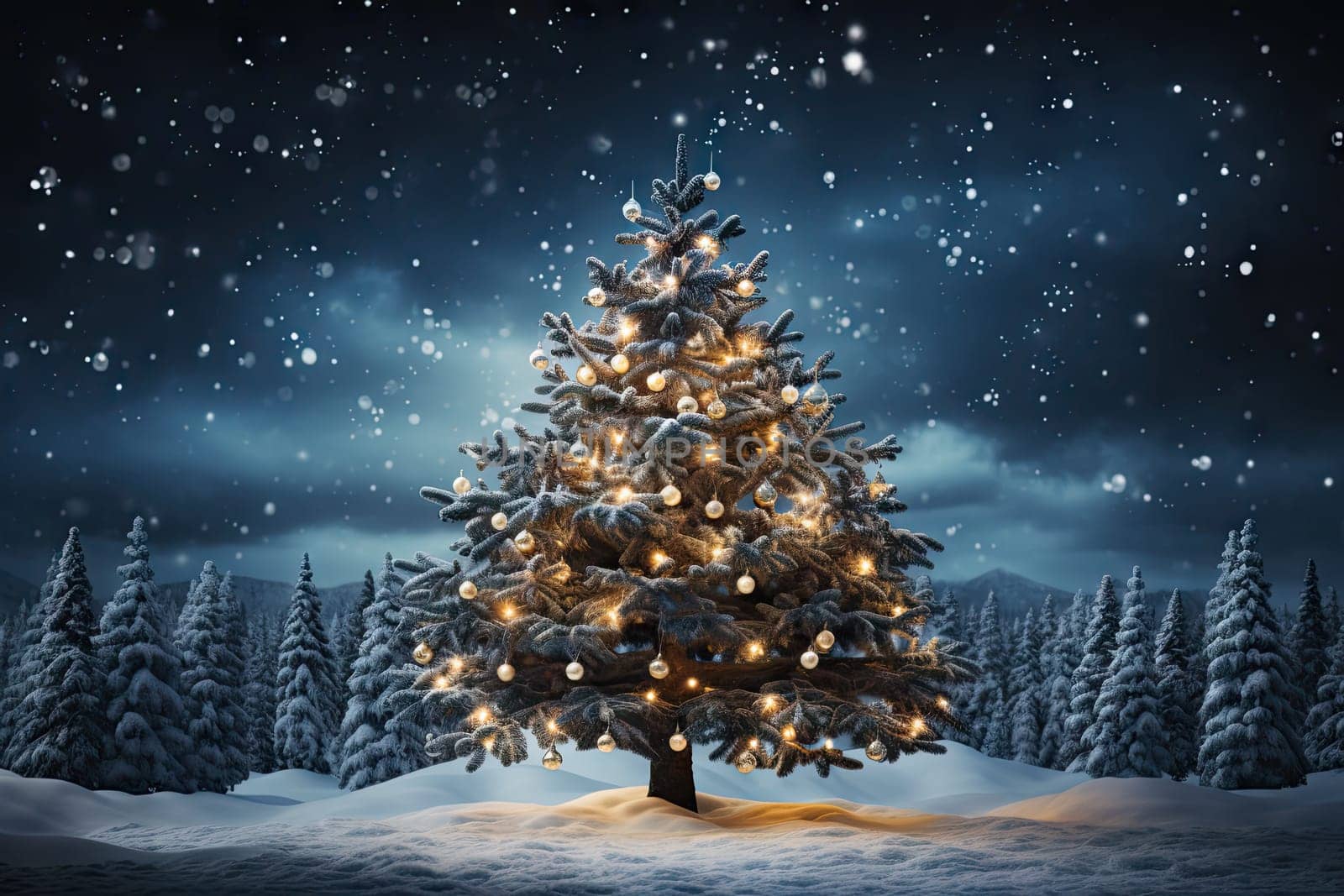 A Sparkling Christmas Tree Illuminating a Serene Winter Wonderland