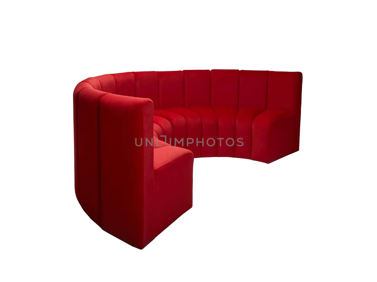 modern crimson fabric sofa isolated on white background, side view. couch, furniture in minimal style, interior, home design
