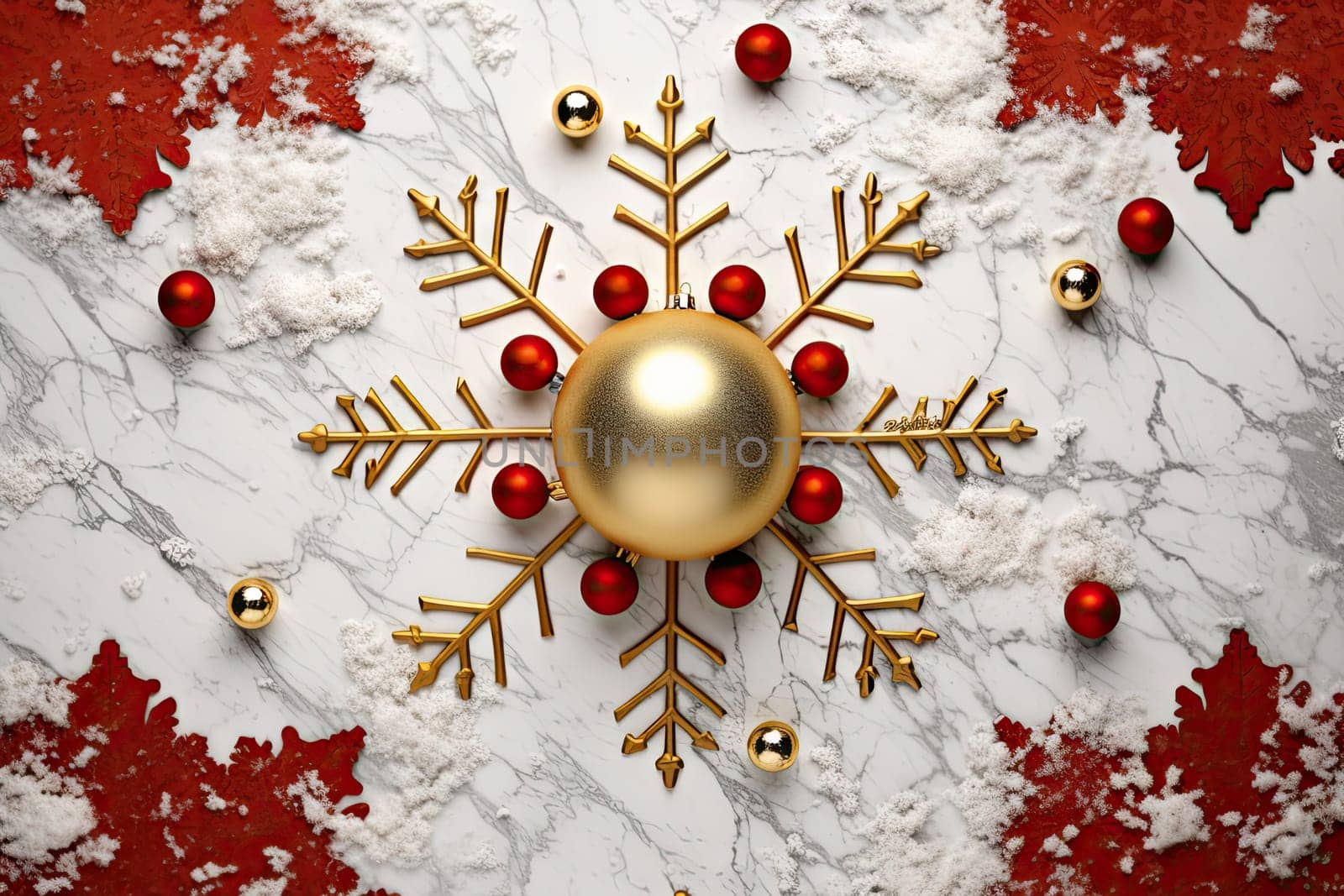 A Sparkling Golden Snowflake on a Serene White and Festive Red Background