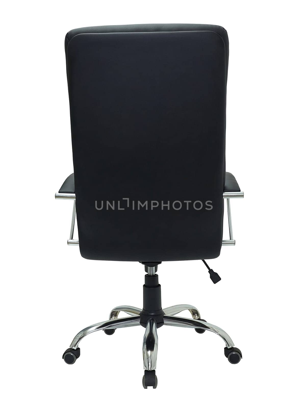 modern furniture in minimal style, interior, home design. black leather armchair on wheels isolated on white background, back view.