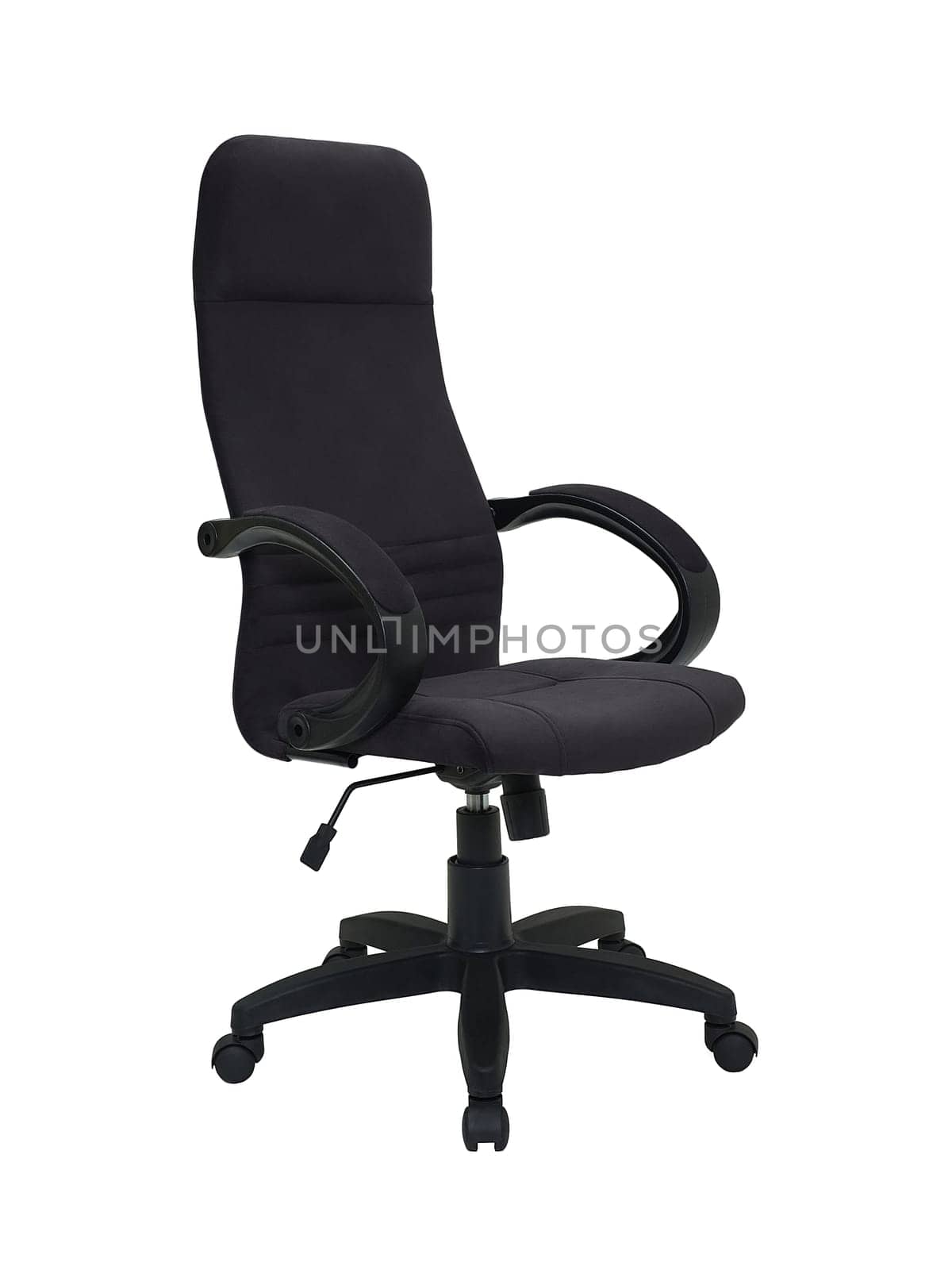 black fabric armchair on wheels isolated on white background, side view. modern furniture in minimal style, interior, home design