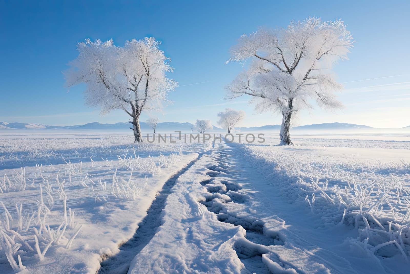 A Winter Wonderland: Serene Snowy Field with Majestic Trees in the Distance