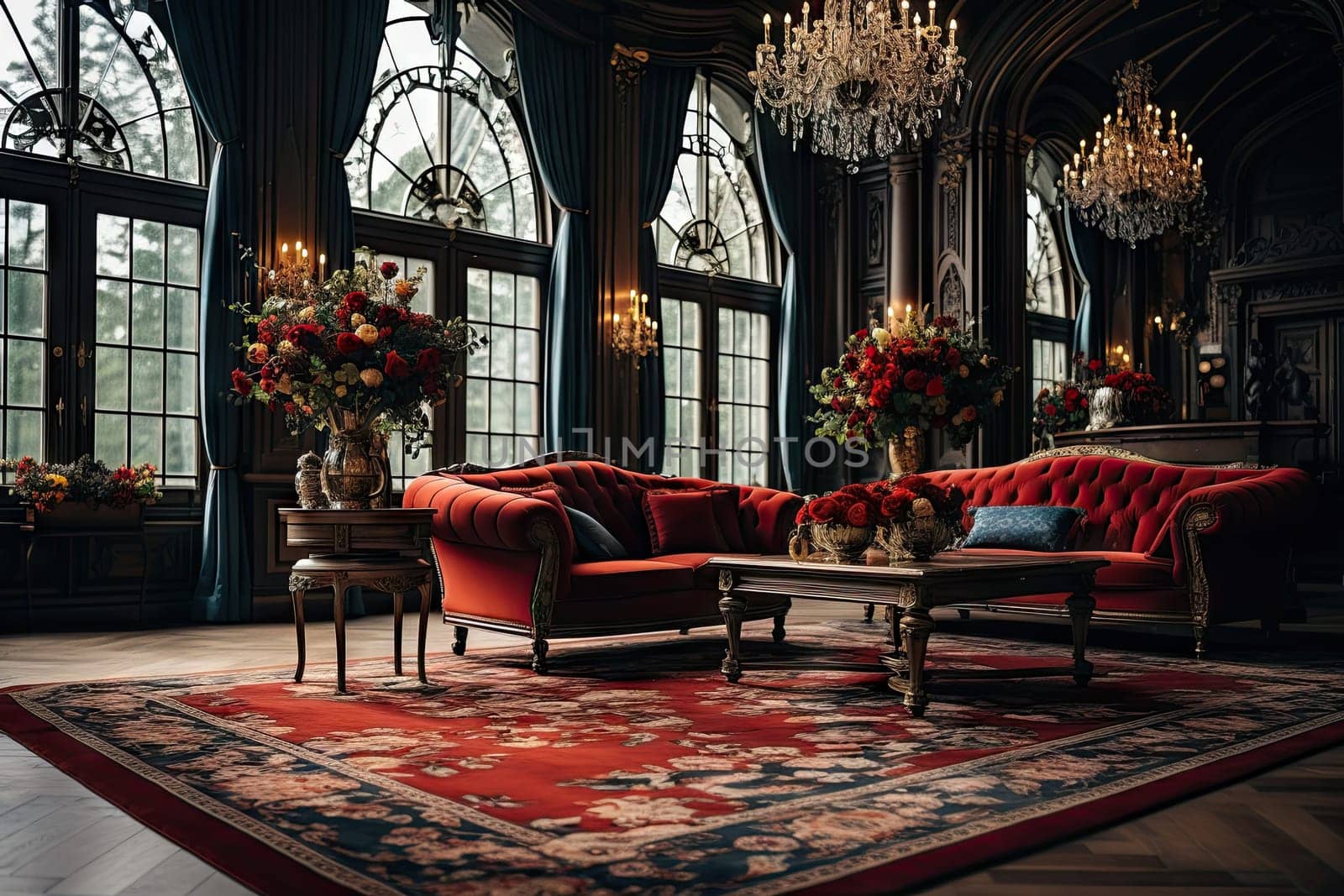 A Luxurious Living Space with an Ornate Chandelier and Elegant, Red Couches Created With Generative AI Technology