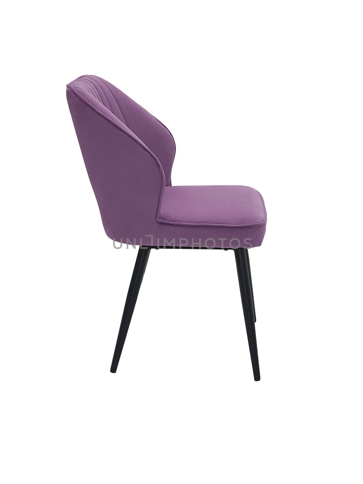 modern purple fabric chair with wooden legs isolated on white background, side view. contemporary furniture in classical style, interior, home design