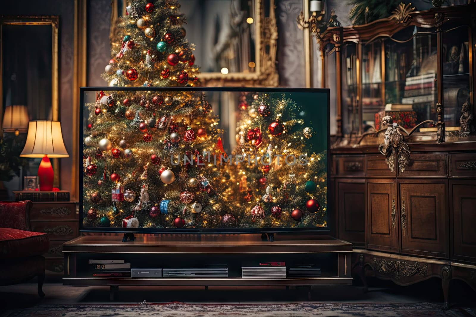 A living room with a christmas tree in the corner by golibtolibov