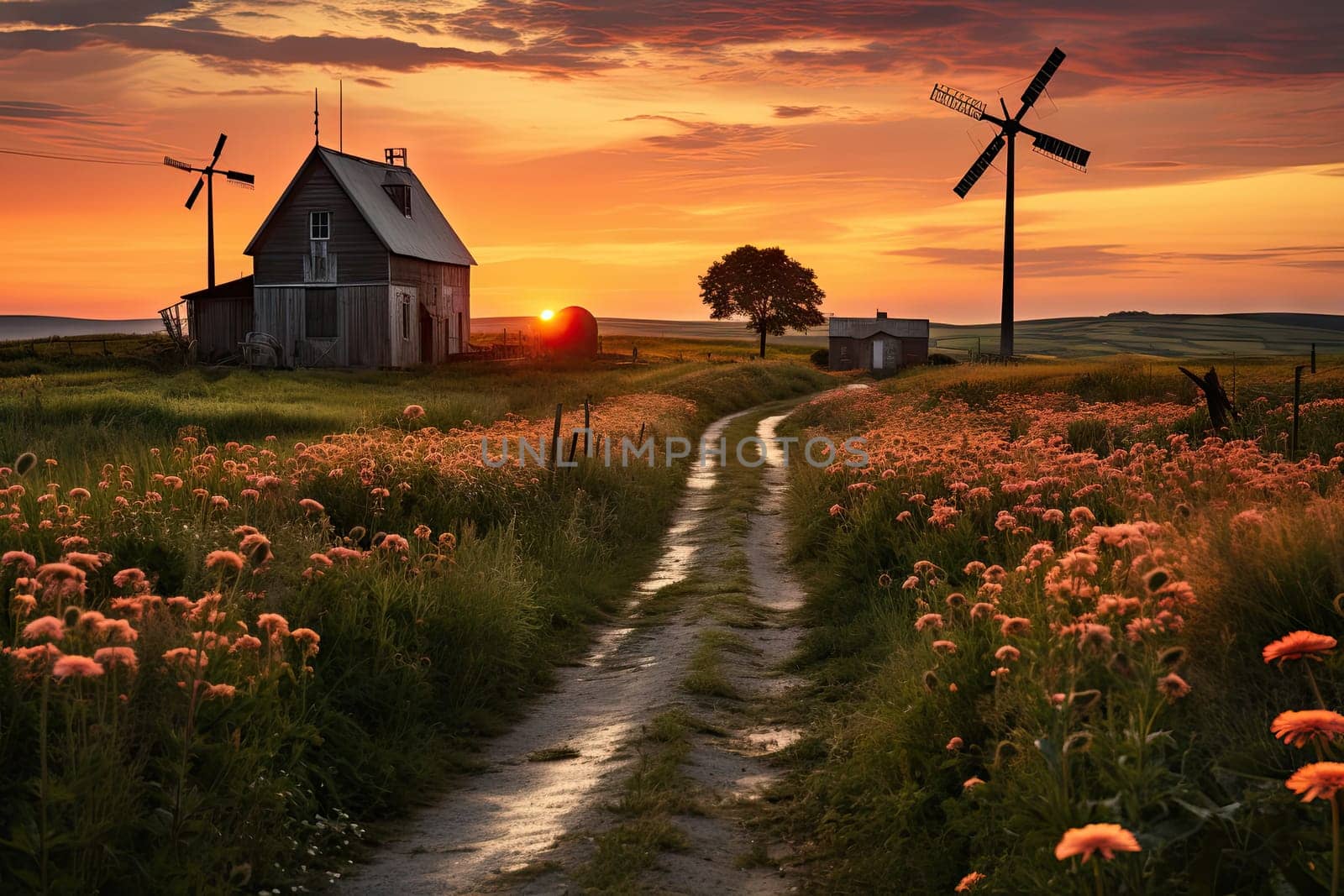 A Serene Journey through the Countryside, Adorned with Charming Windmills