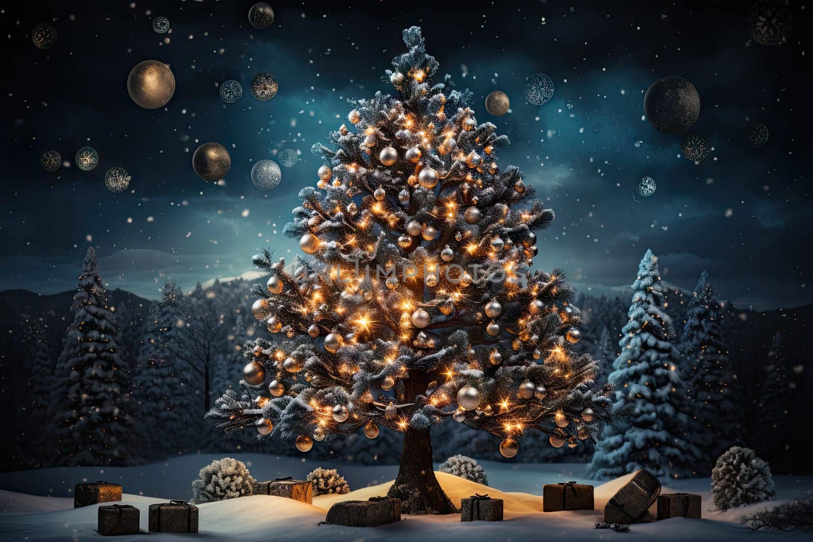 A lighted christmas tree in a snowy landscape by golibtolibov