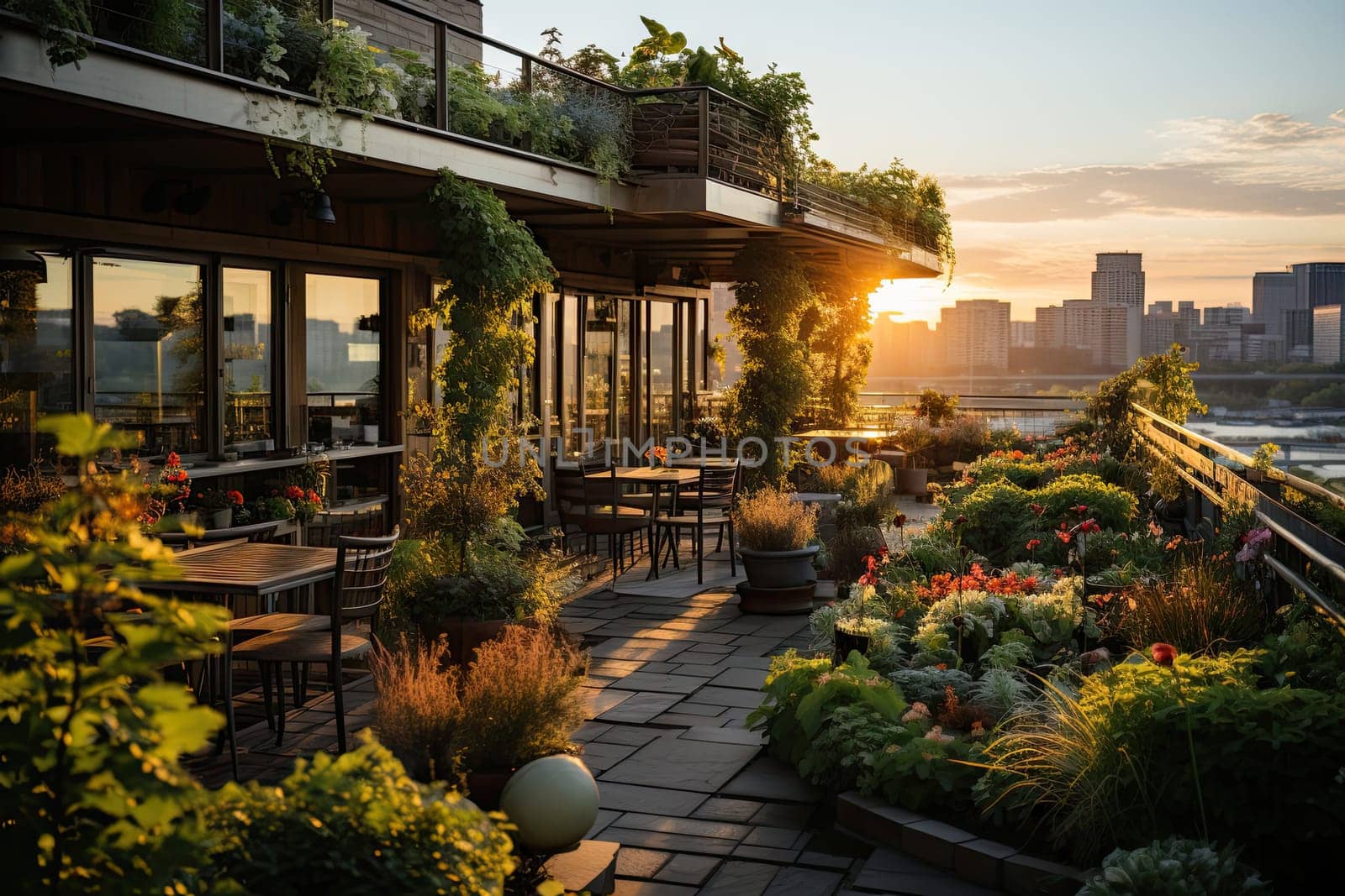 The Golden Glow: A Picturesque Sunset Over a Rooftop Restaurant