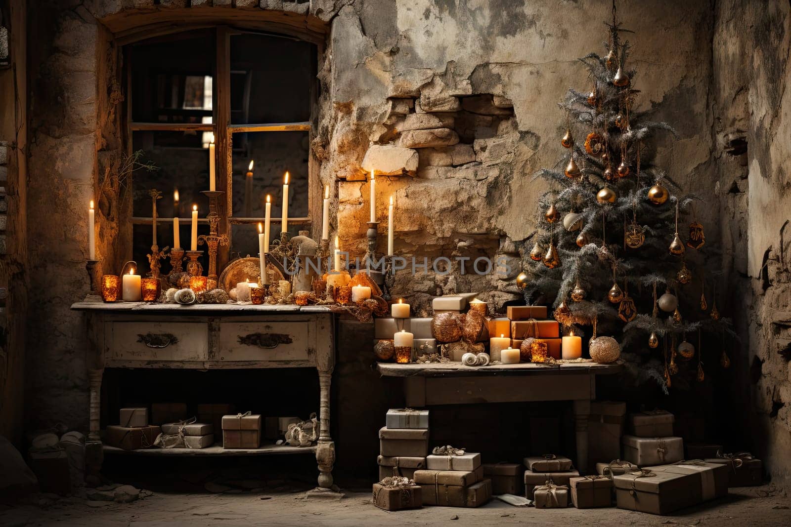A room filled with lots of candles and a christmas tree by golibtolibov