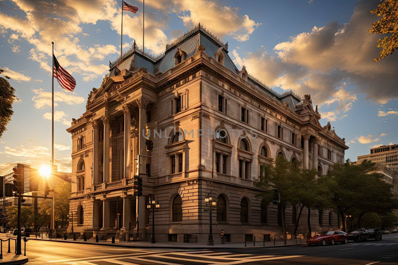 A large building with a flag on top of it created with generative AI technology by golibtolibov