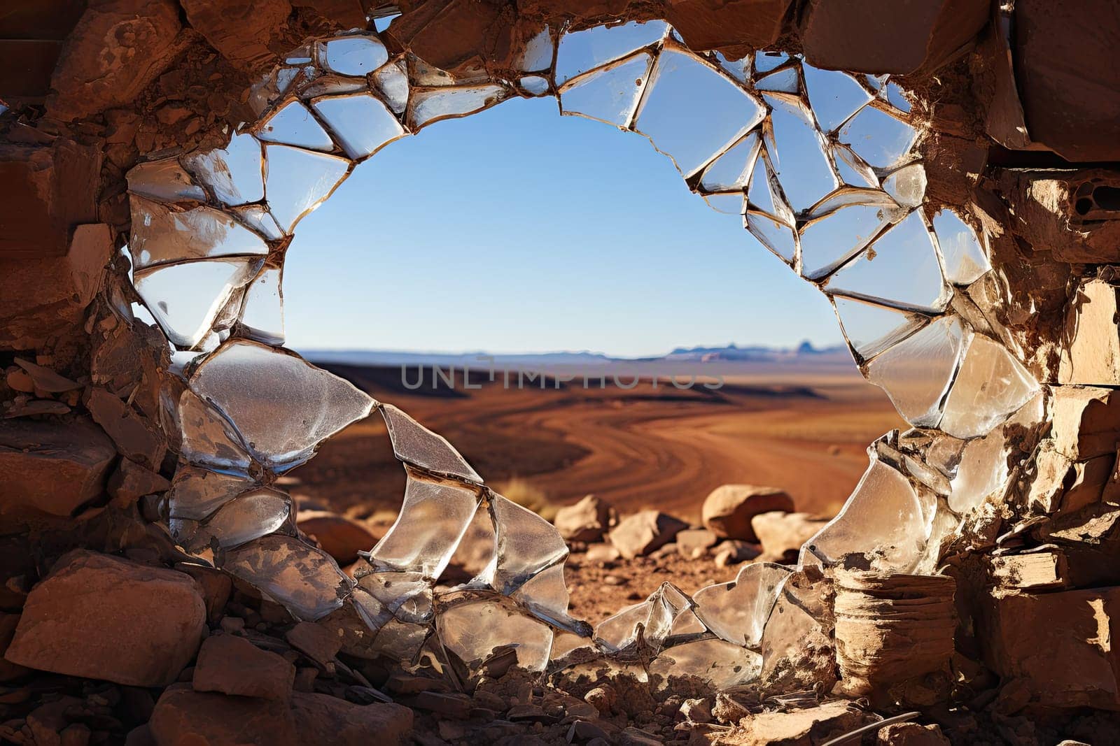 A hole in a rock wall with a view of the desert by golibtolibov