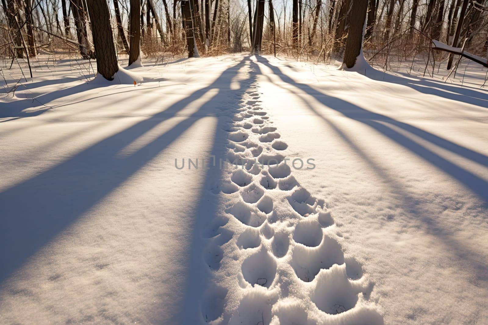 A trail in the middle of a snowy forest created with generative AI technology by golibtolibov