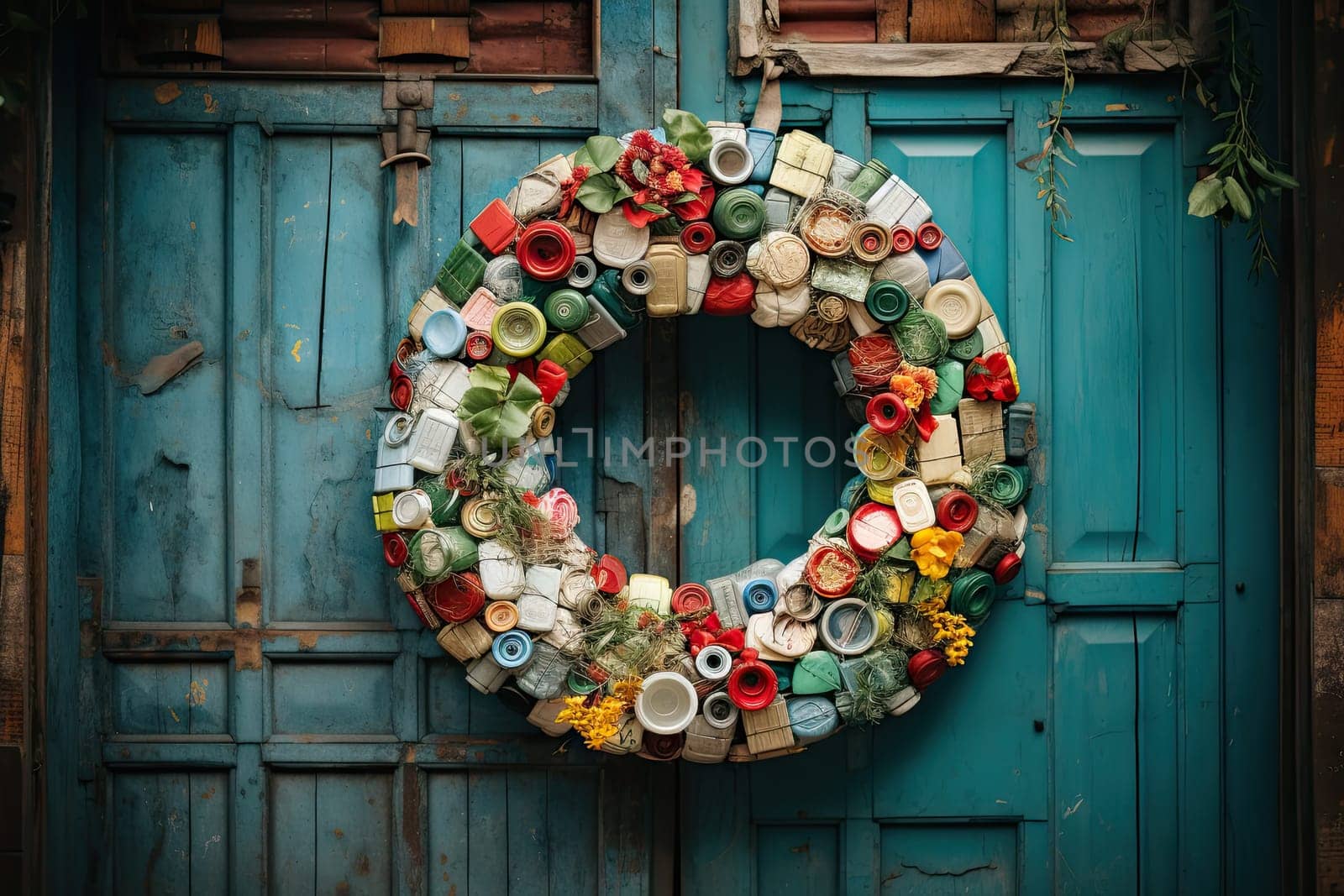 A Colorful Wreath of Bottle Caps Adorning a Vibrant Blue Door