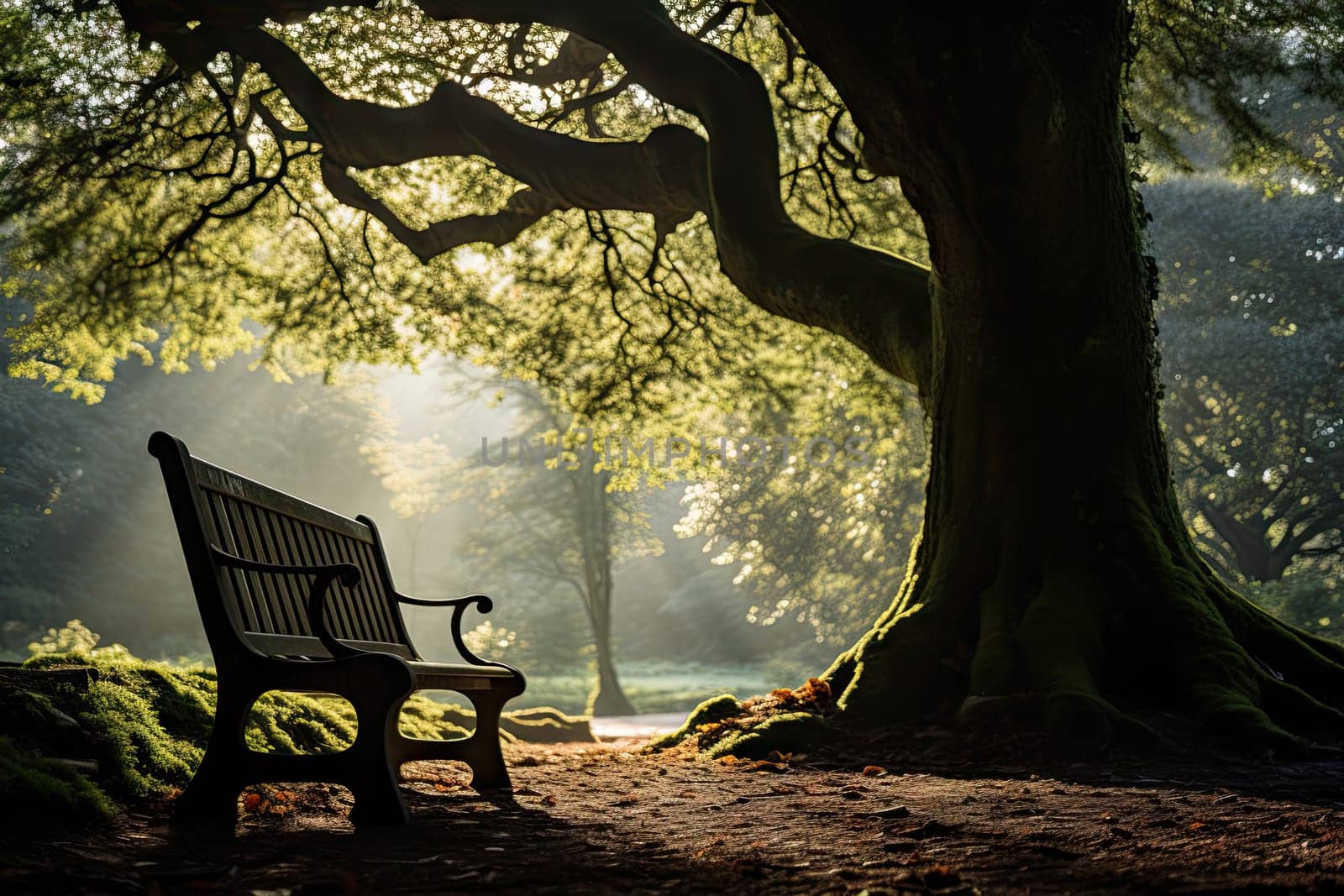 A Tranquil Oasis: A Serene Park Bench Underneath the Canopy of a Majestic Tree