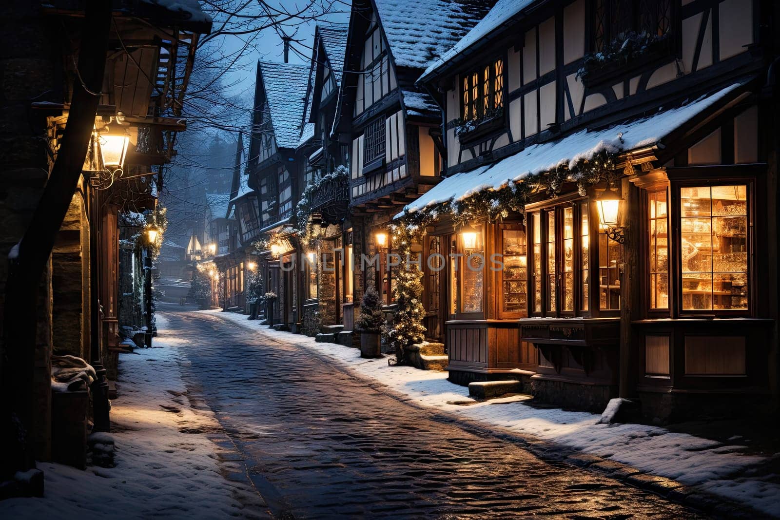 A snowy street lined with buildings and lights created with generative AI technology by golibtolibov