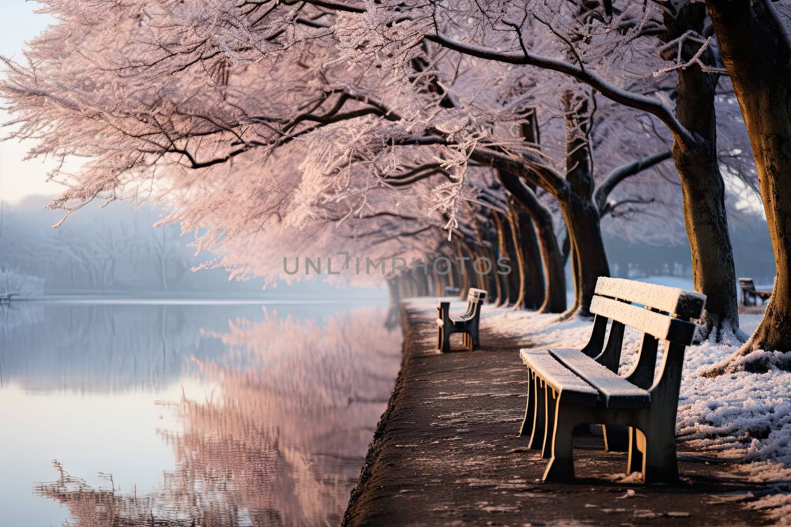 A row of benches sitting next to a body of water by golibtolibov