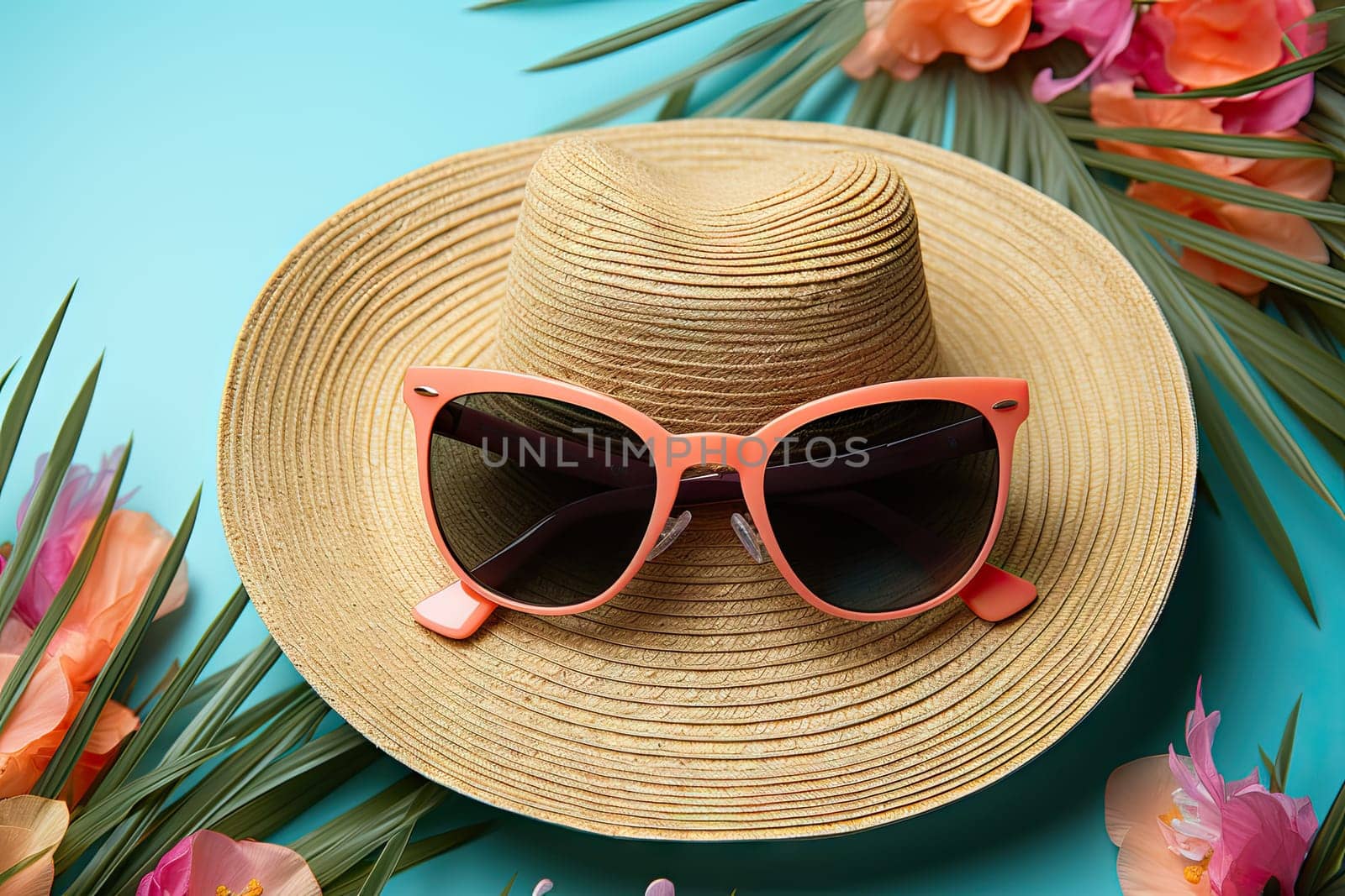 A Fashionable Summer Ensemble: Hat, Sunglasses, and Flowers on a Vibrant Blue Background