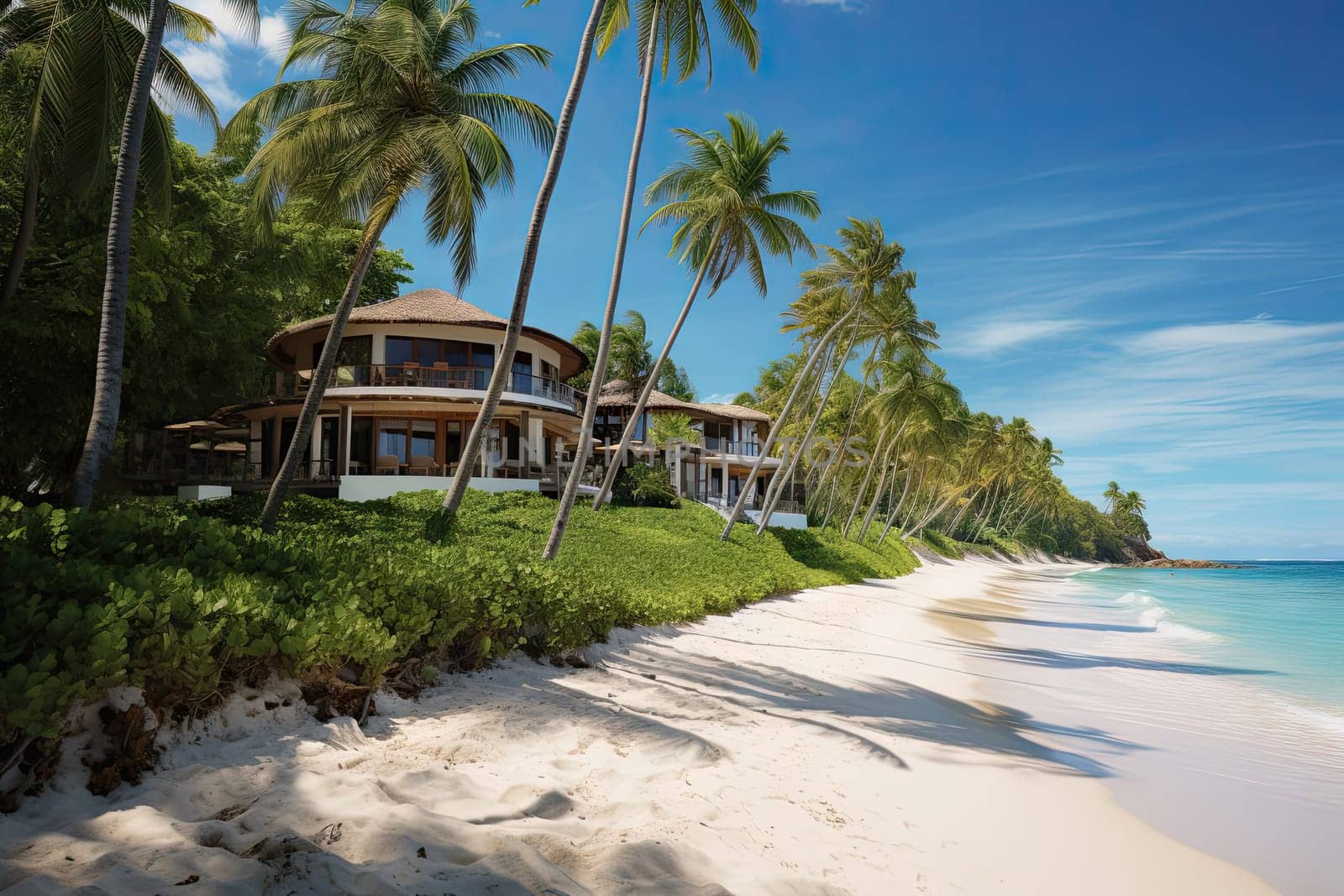 A Serene Beachscape with Majestic Palm Trees and a Quaint Coastal House Created With Generative AI Technology