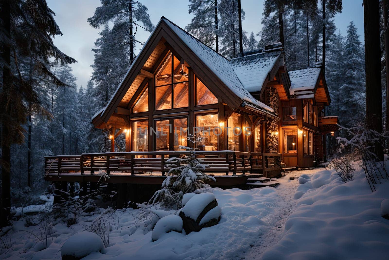 A cabin in the woods with snow on the ground created with generative AI technology by golibtolibov