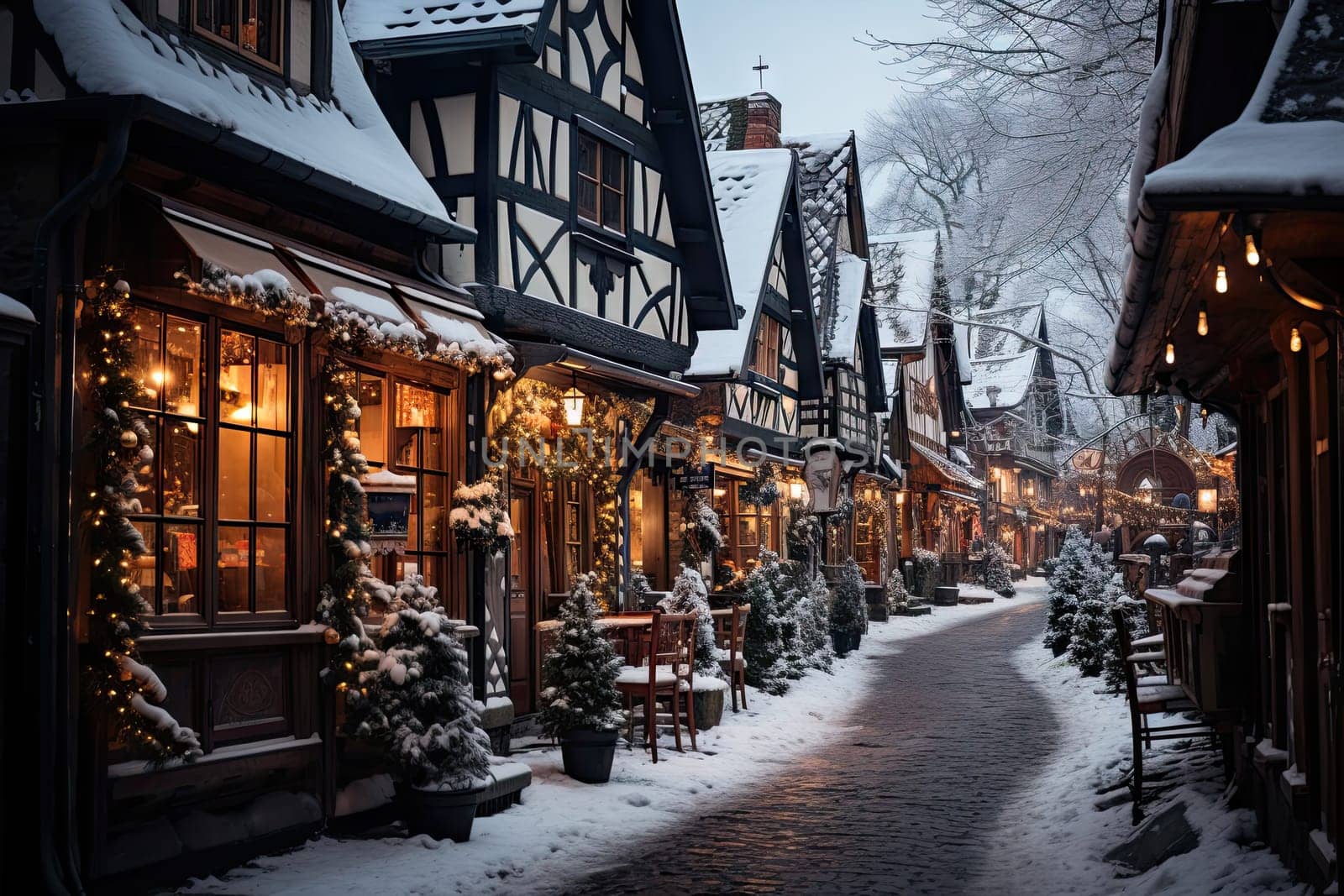 A Winter Wonderland: Serene Street with Snow-Covered Houses Created With Generative AI Technology