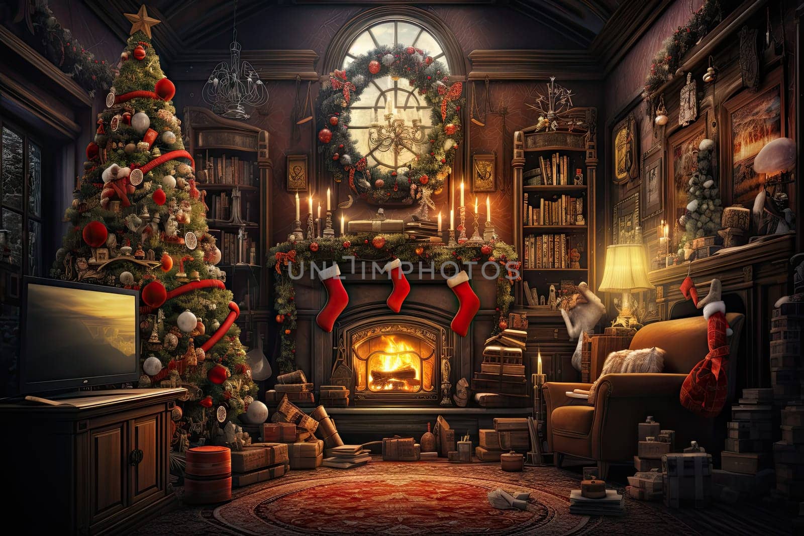 A living room with a christmas tree and a fire place created with generative AI technology by golibtolibov
