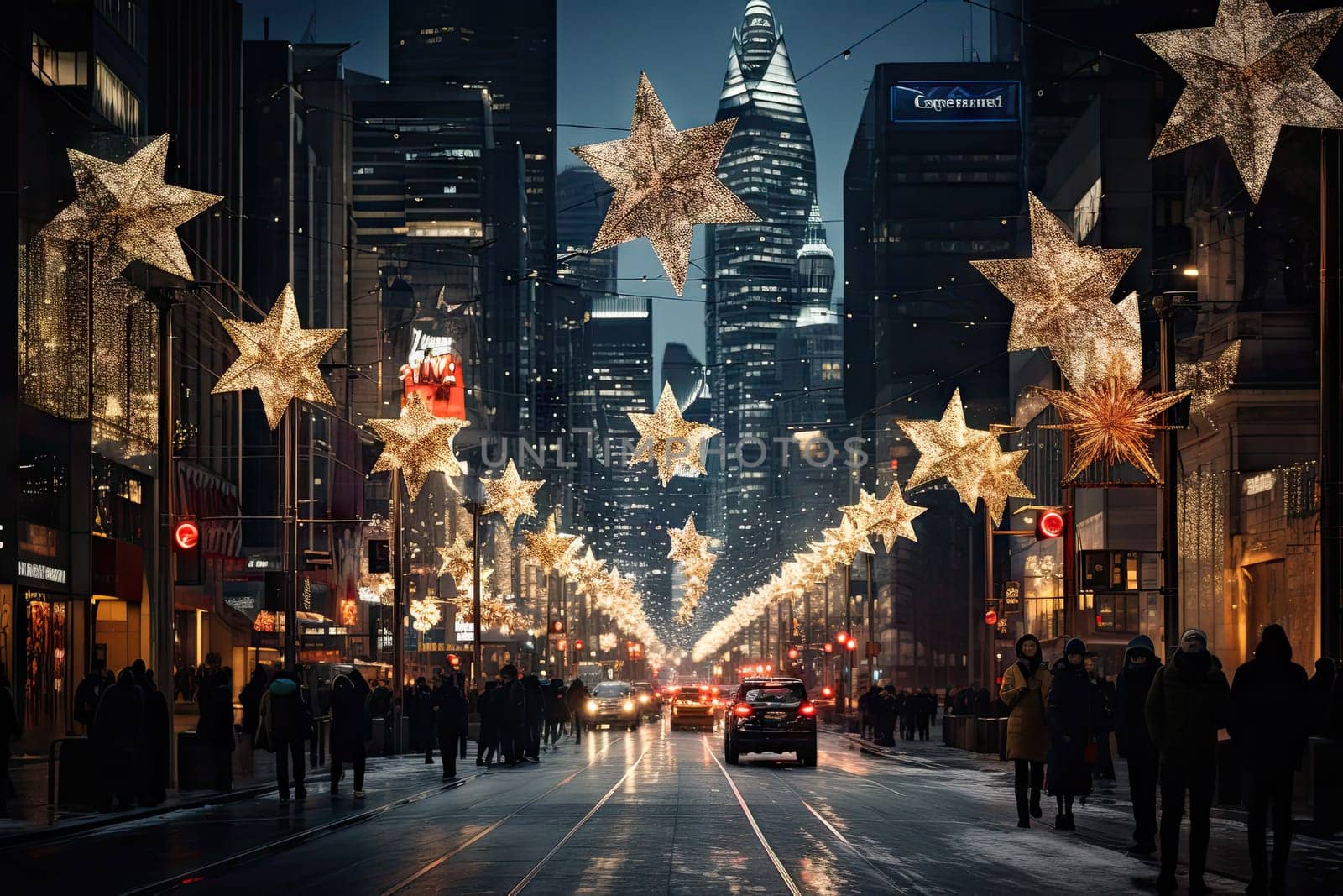 A city street filled with lots of stars created with generative AI technology by golibtolibov