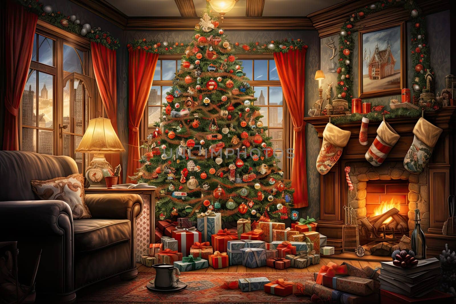 A Festive Christmas Tree Illuminating the Cozy Living Room Created With Generative AI Technology