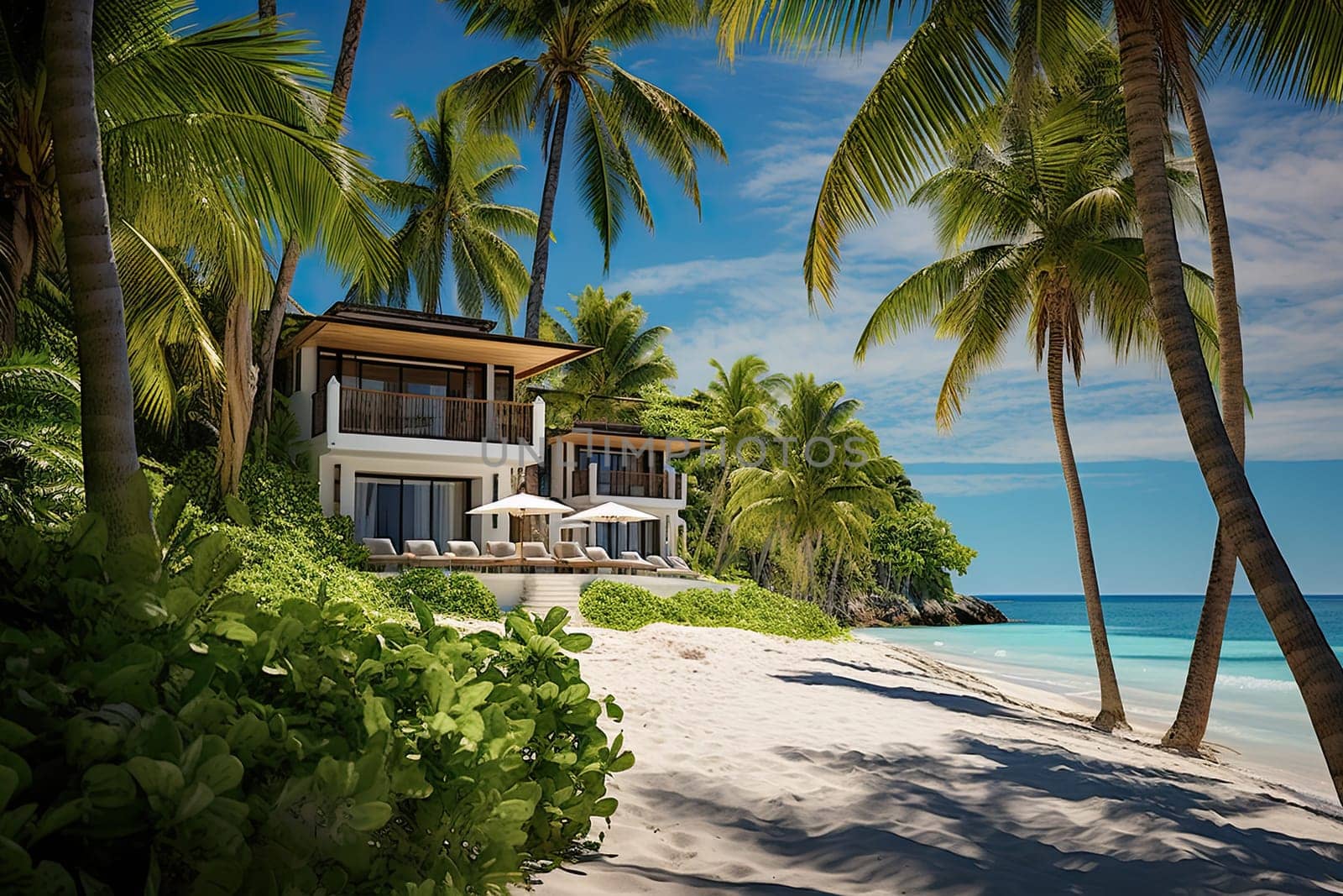 A house on the beach with palm trees created with generative AI technology by golibtolibov