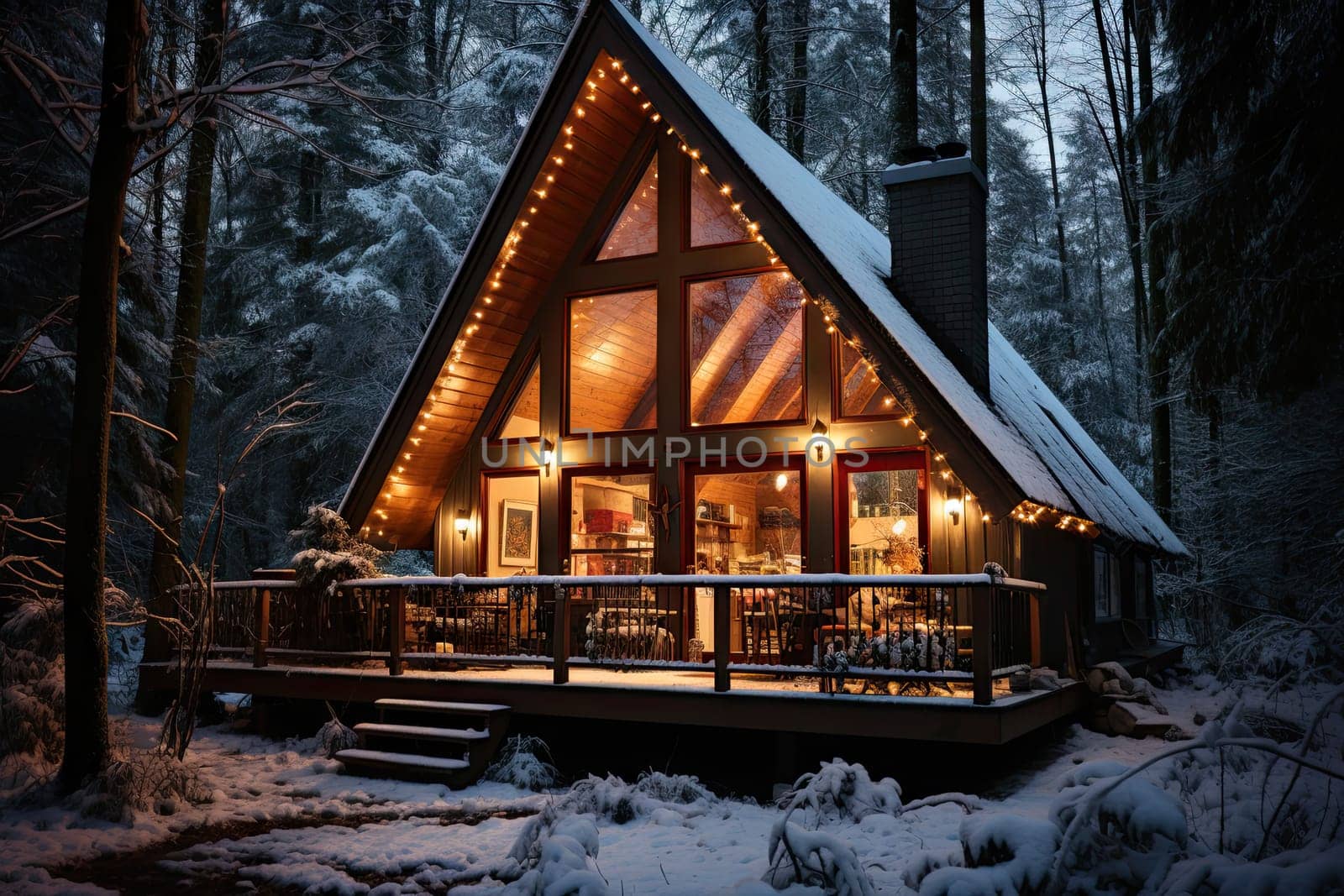 A - frame cabin in the woods at night created with generative AI technology by golibtolibov