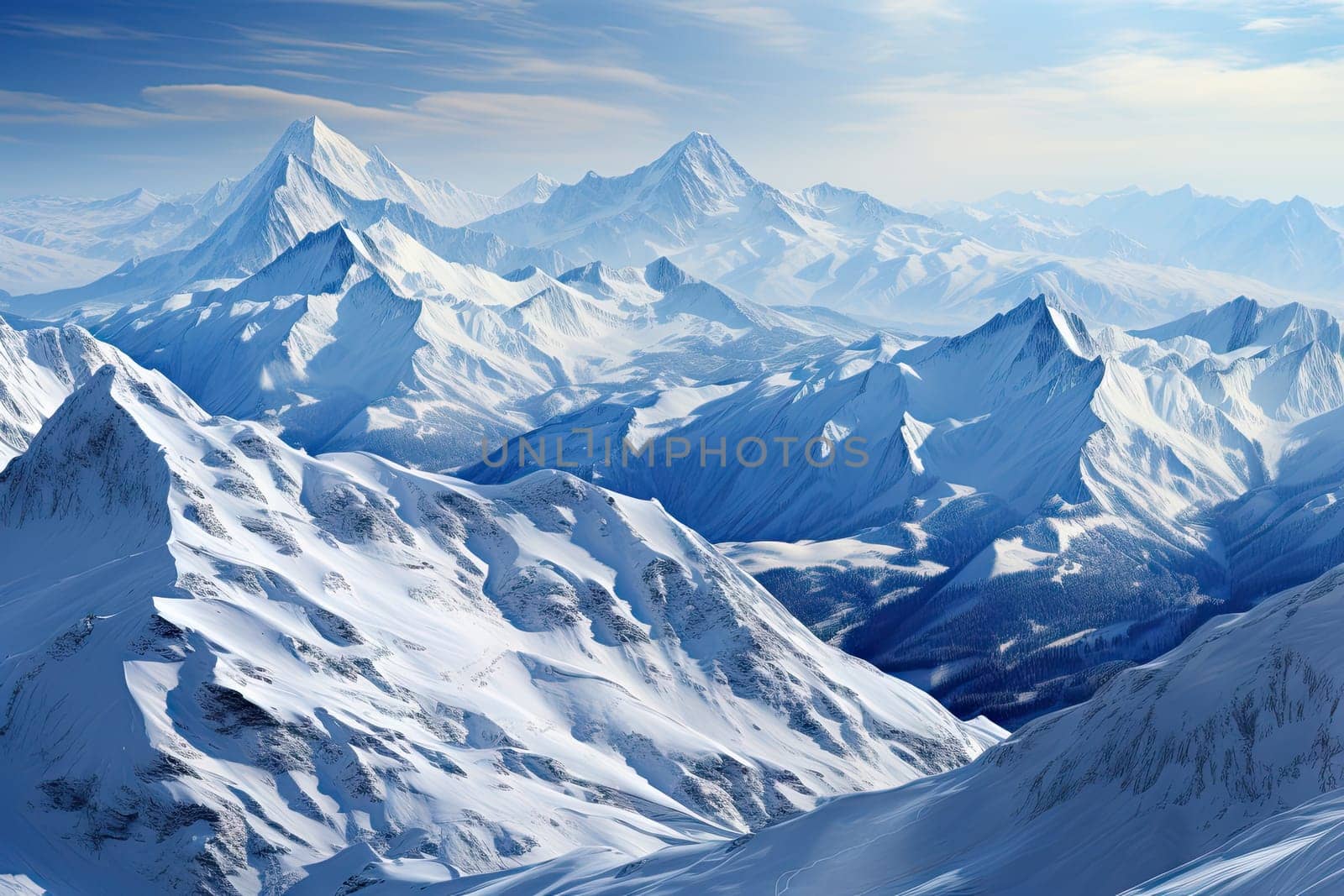 A snow covered mountain range under a blue sky created with generative AI technology by golibtolibov