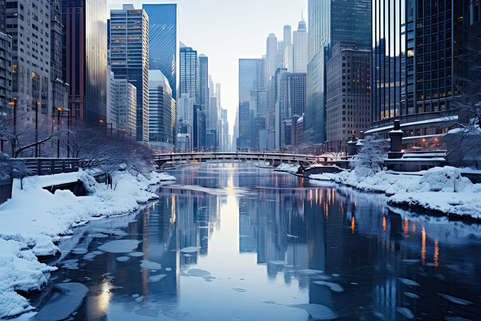 A river running through a snow covered city created with generative AI technology by golibtolibov