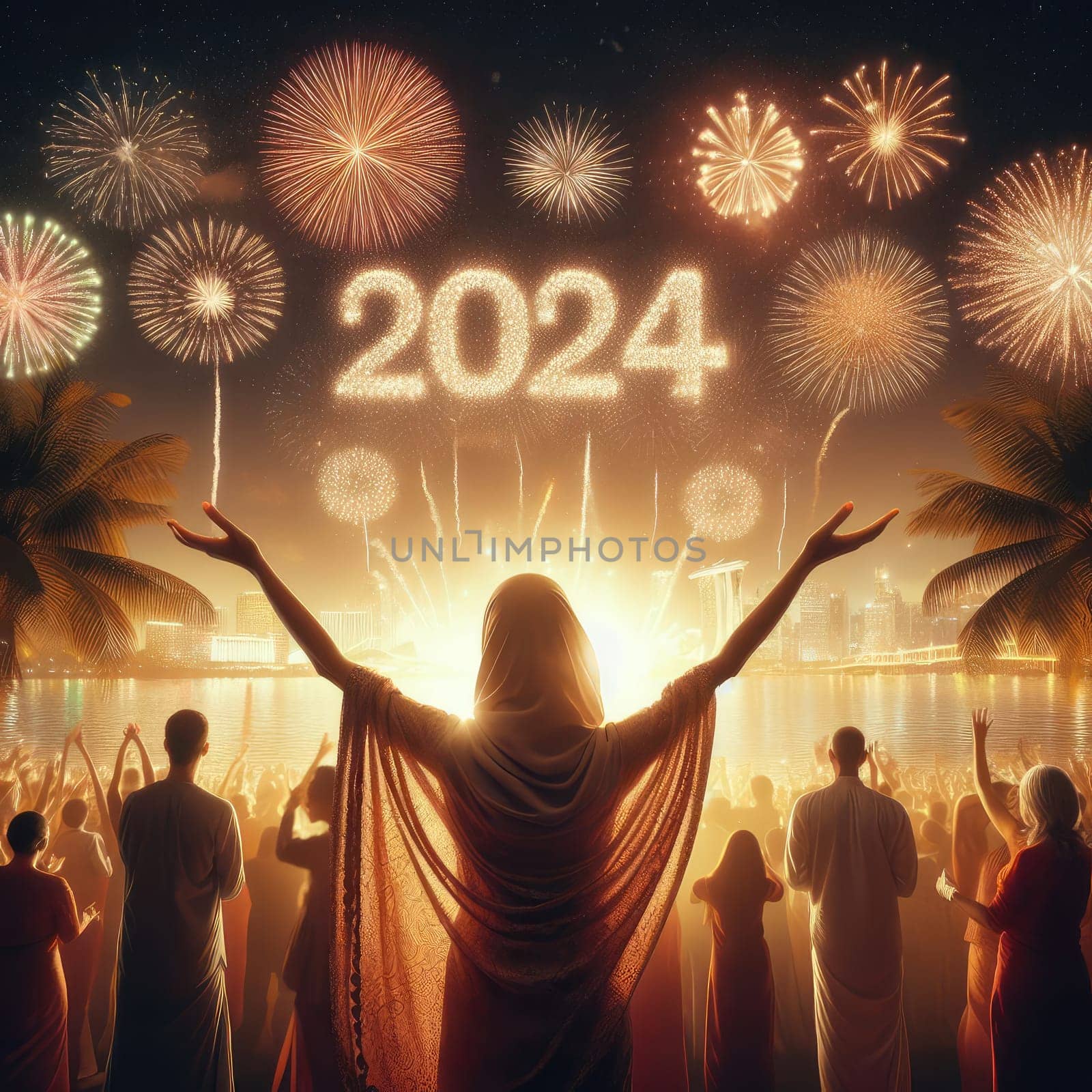 Greeting card Happy New Year 2024. Beautiful holiday web banner or billboard with Golden sparkling text Happy New Year 2024 written sparklers on festive blue background with fireworks