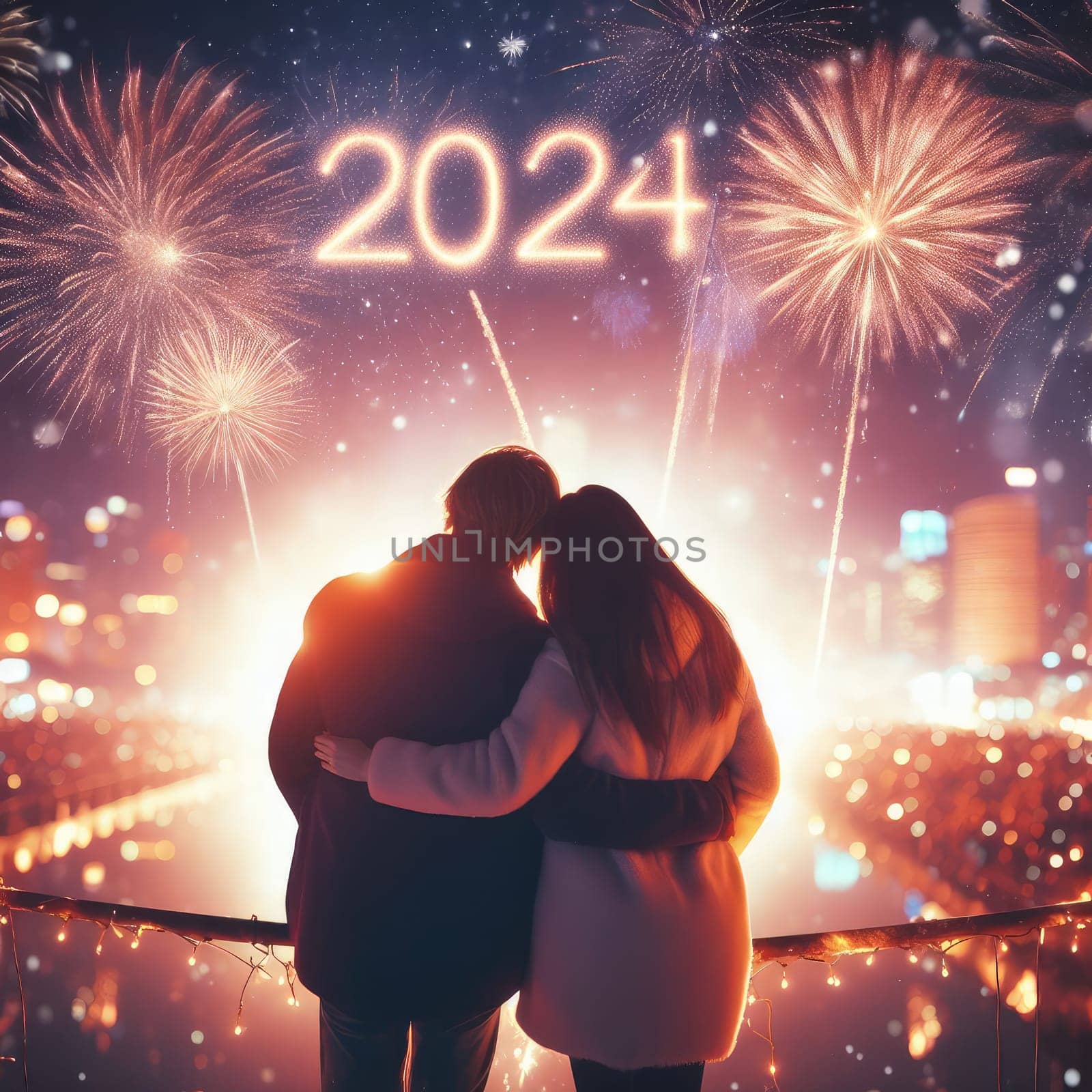 Greeting card Happy New Year 2024. Beautiful holiday web banner or billboard with Golden sparkling text Happy New Year 2024 written sparklers on festive blue background with fireworks