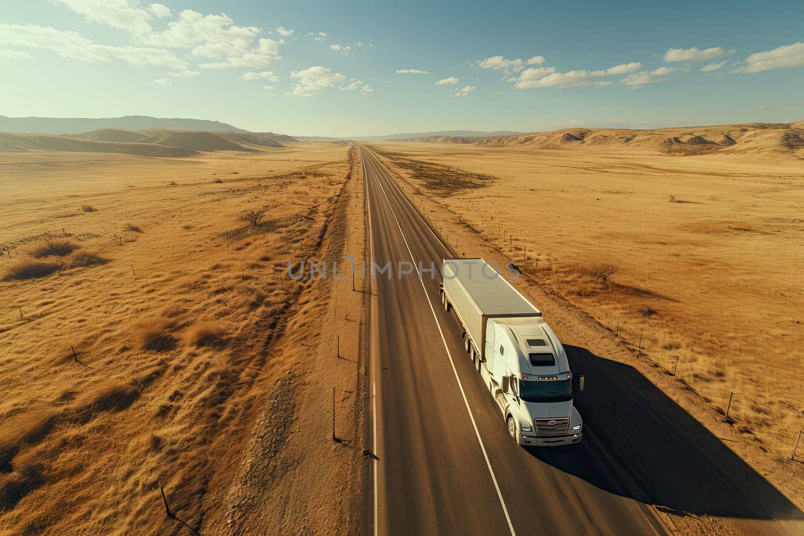 A Lone Truck Journeying Across a Vast Desert Landscape