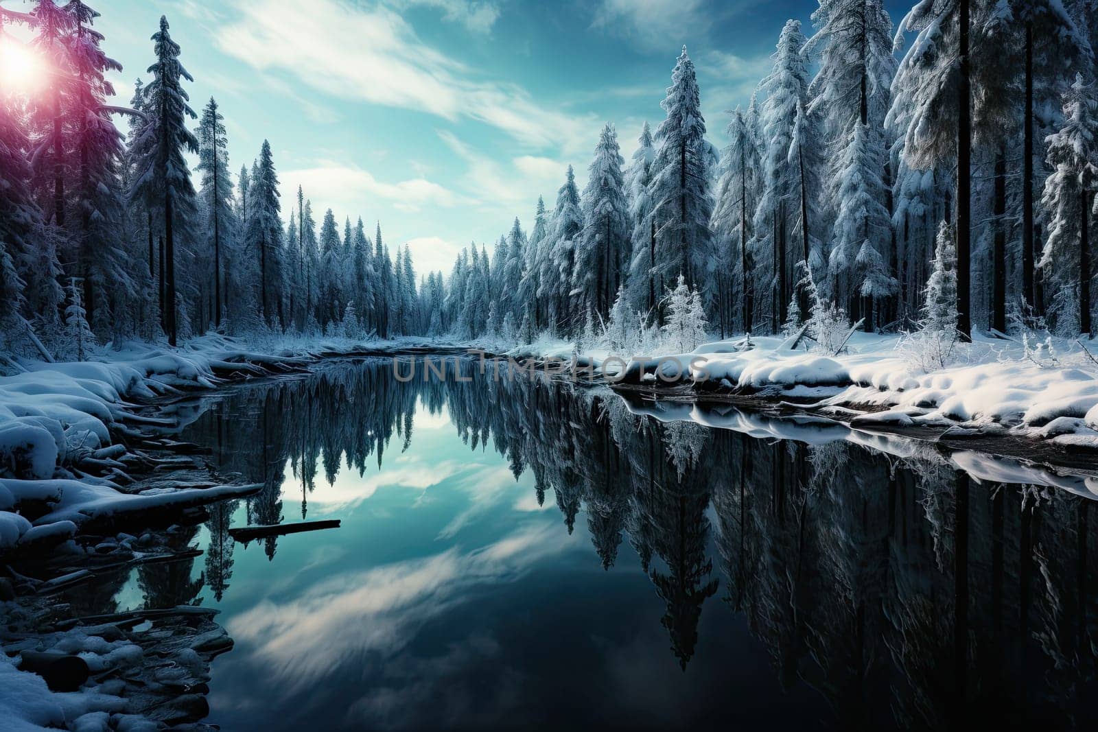 A Serene Winter Wonderland: Snowy Trees Reflecting on a Frozen Lake under a Clear Blue Sky