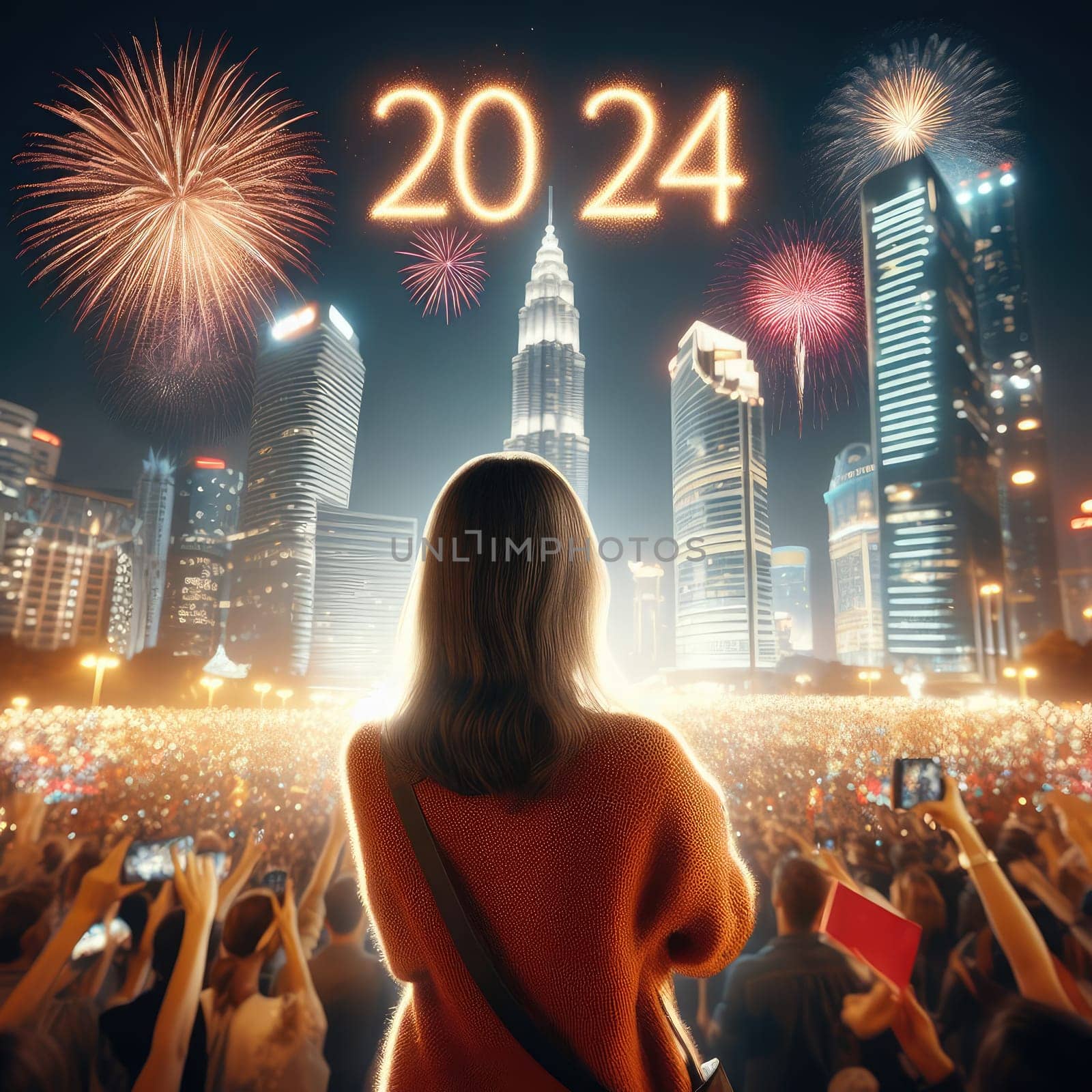 Greeting card Happy New Year 2024. Beautiful holiday web banner or billboard with Golden sparkling text Happy New Year 2024 written sparklers on festive blue background with fireworks